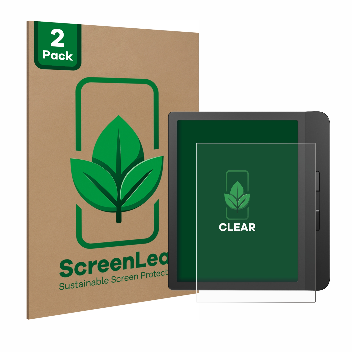 Zwei Displayschutzfolien und ein Tablet, klare Displayschutzfolie mit 'CLEAR' beschriftet.