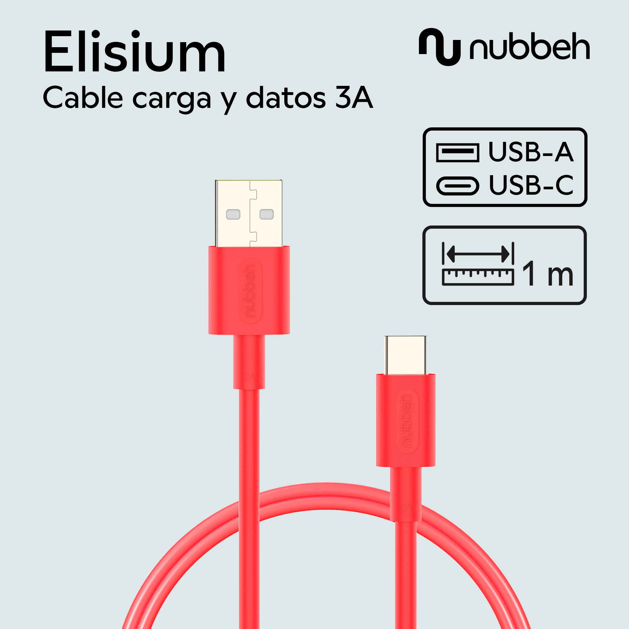 Un cable de carga USB rojo con conectores USB-A y USB-C y una longitud de 1 m.