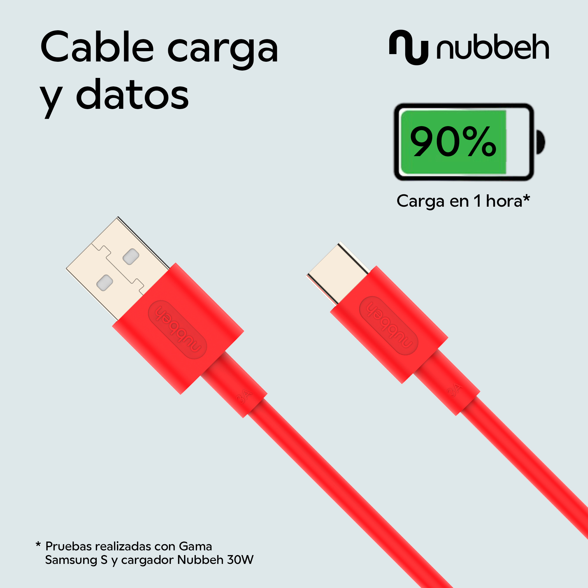 Cable de carga rojo con conectores USB y USB-C. Un icono de batería muestra un 90% de carga.