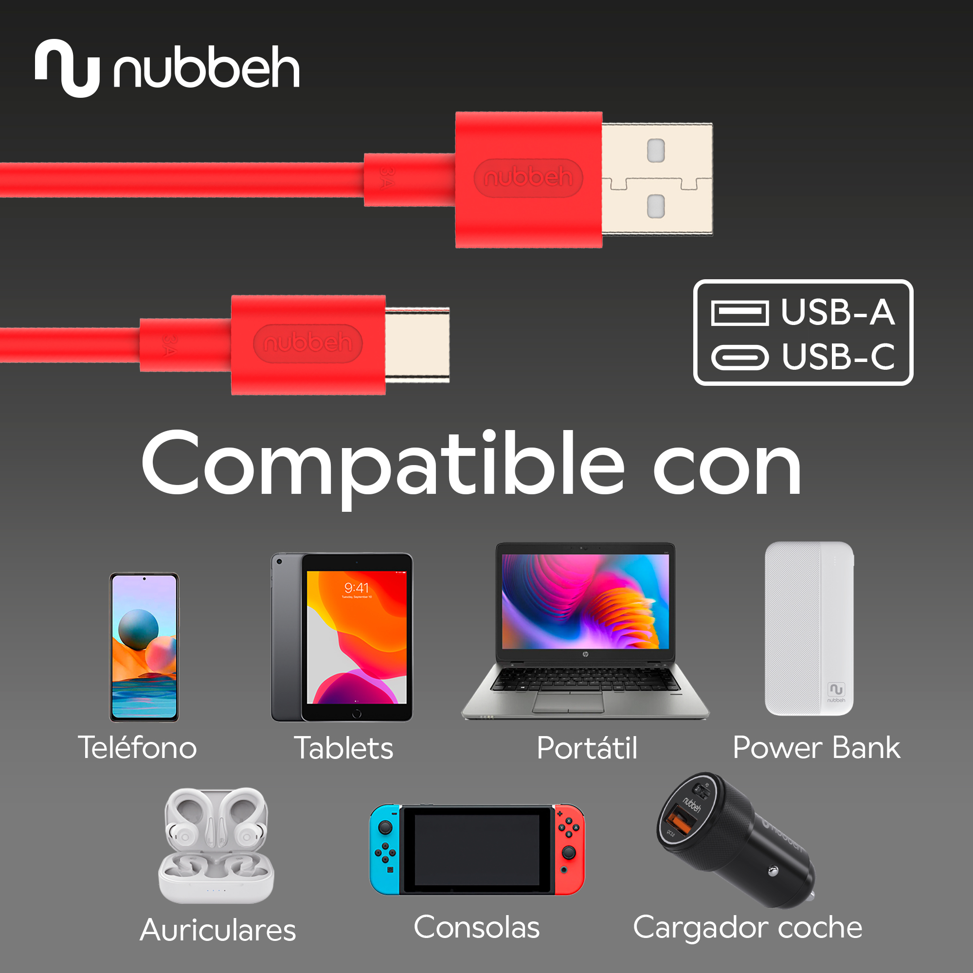 Un cable USB-A a USB-C azul claro.