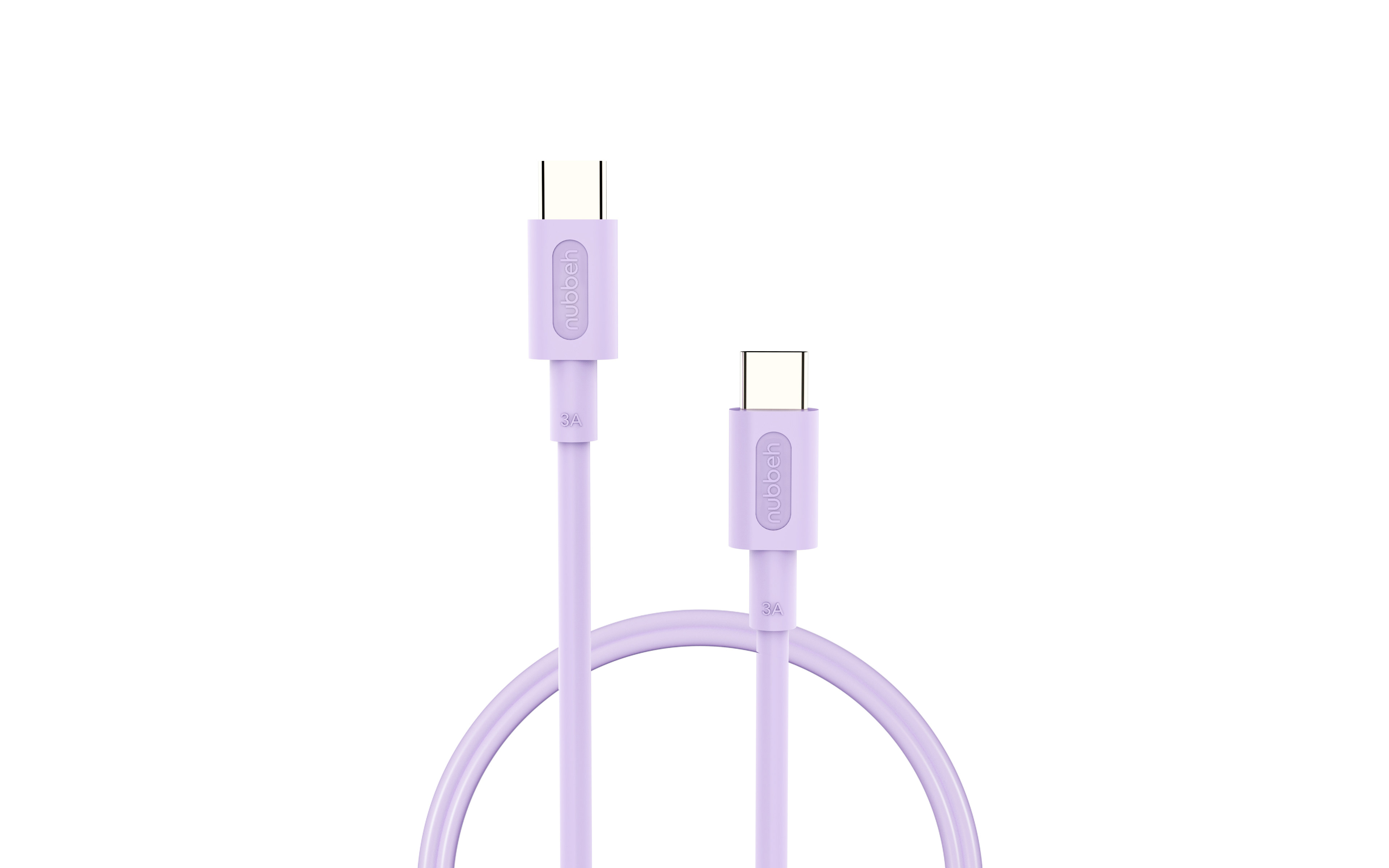 Dos cables USB-C morados claros con conectores USB-C, sobre un fondo blanco.