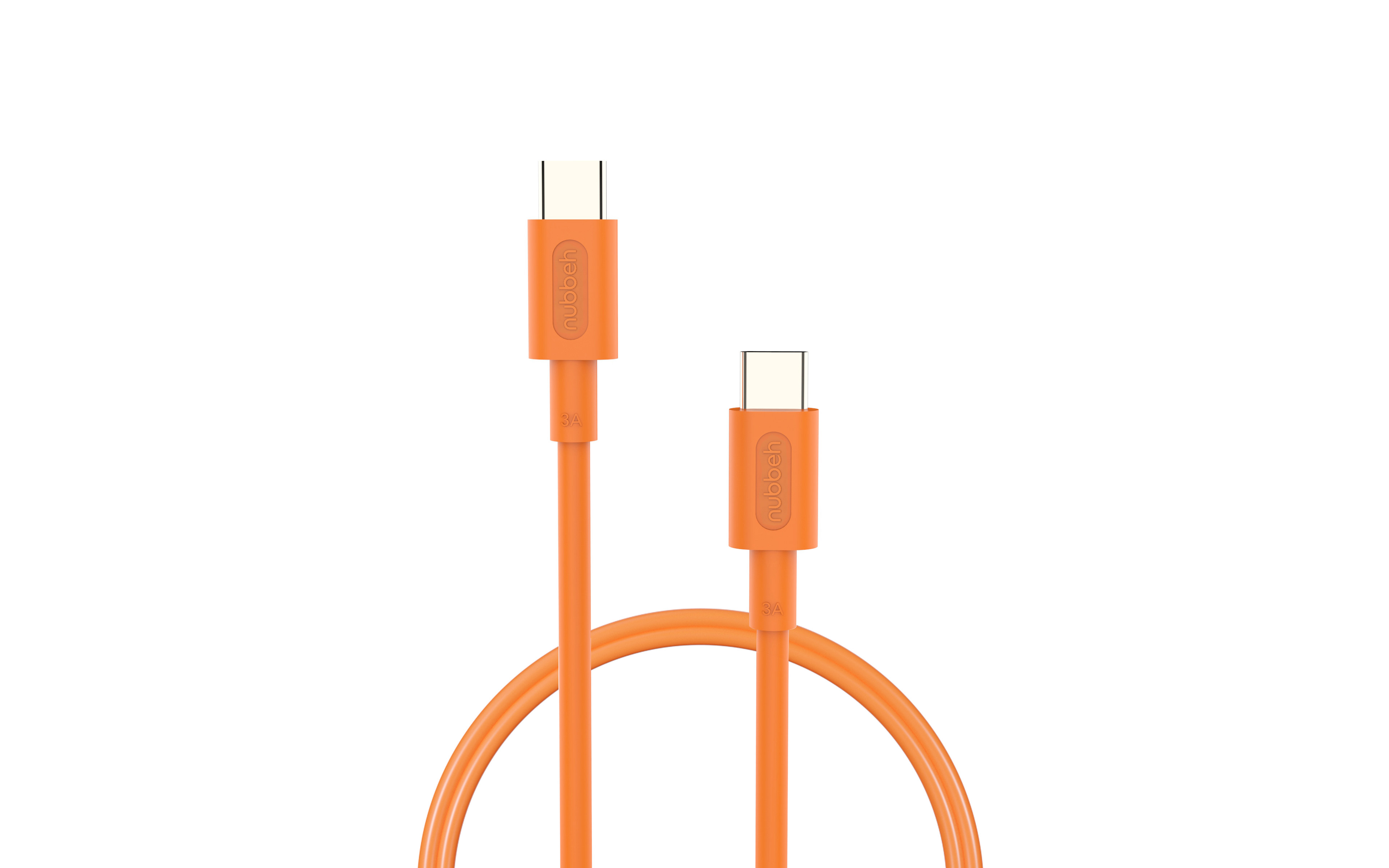 Dos cables USB-C naranjas están dispuestos en forma de ocho sobre un fondo blanco.