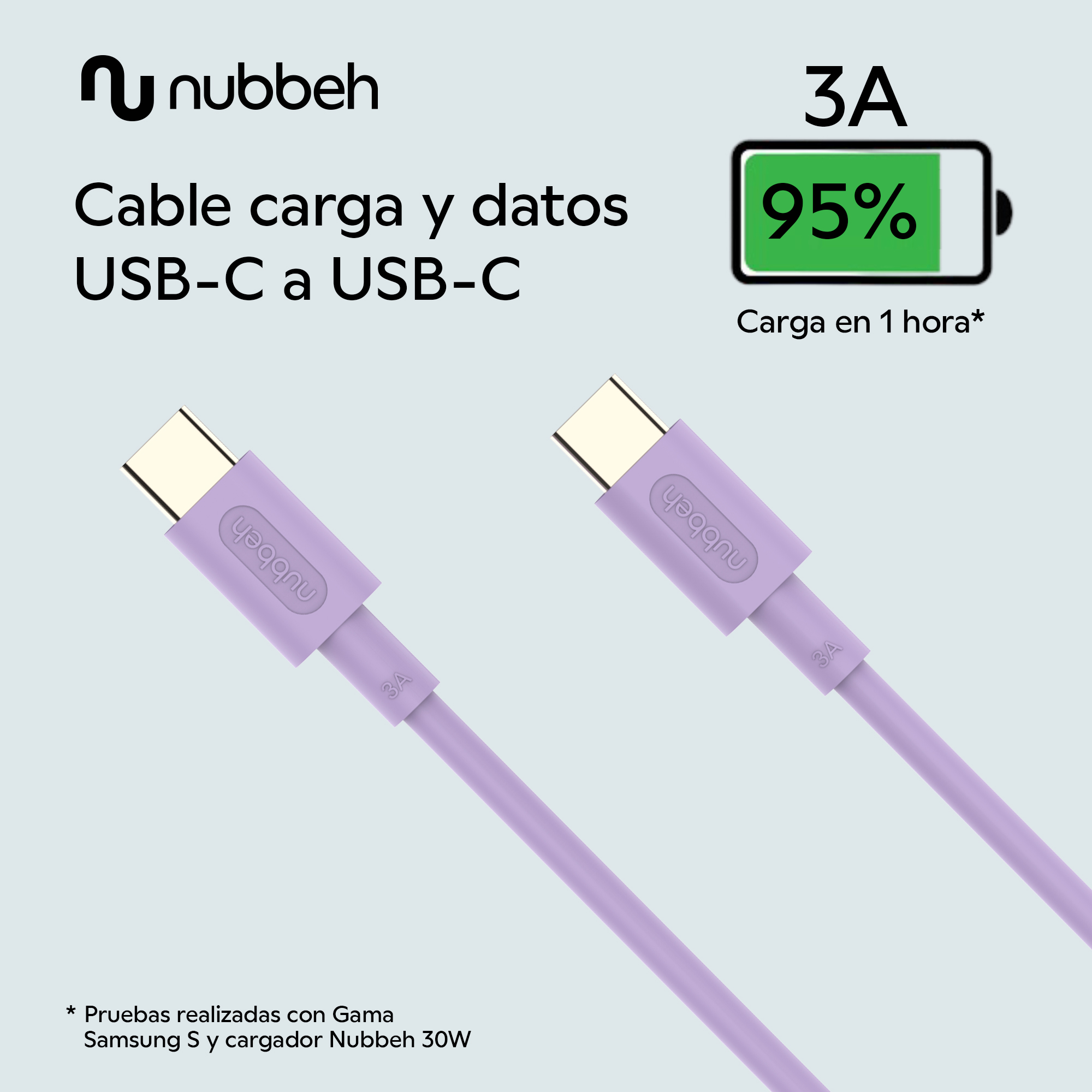 Dos cables USB-C a USB-C morados junto a un icono de carga que muestra una carga del 95%.