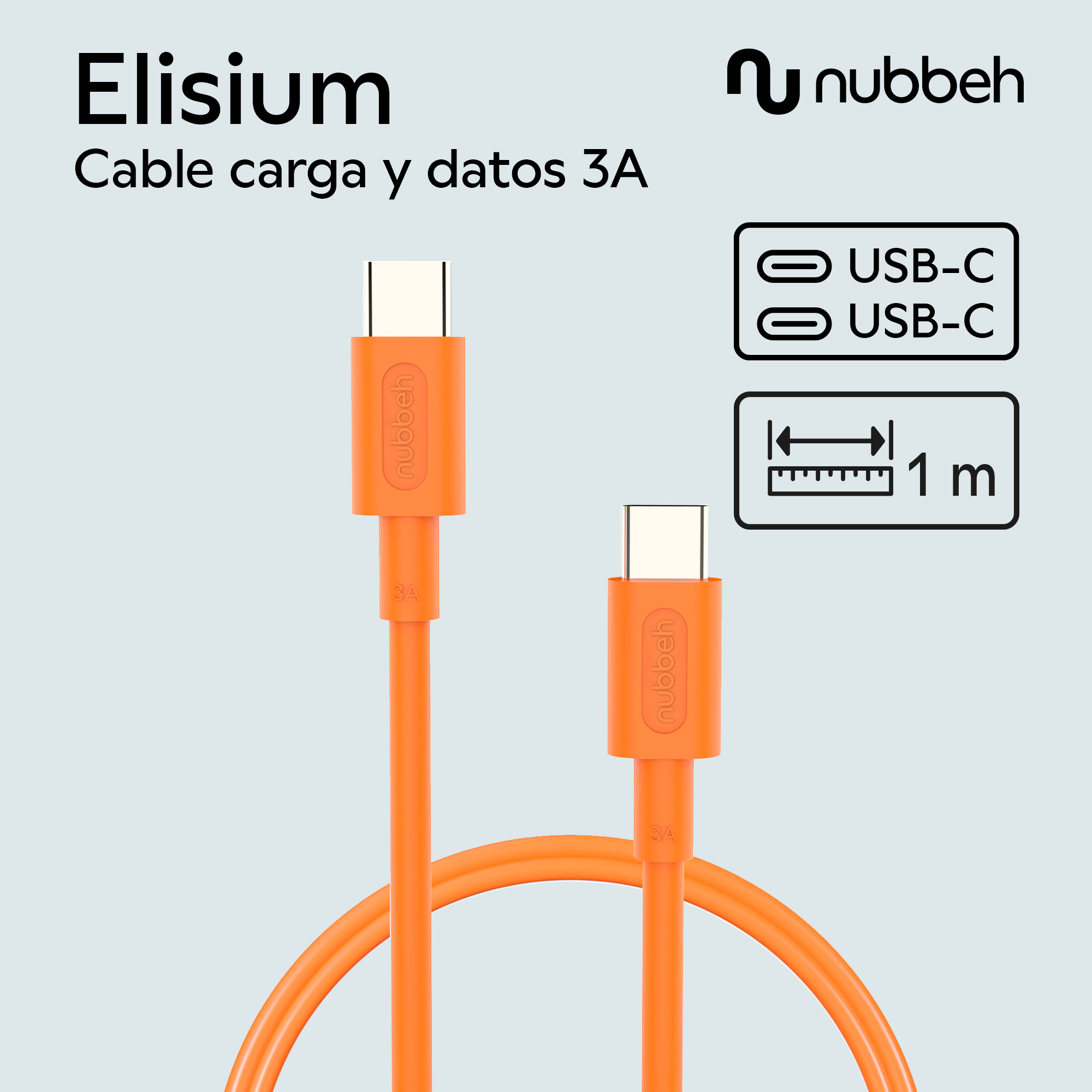 Cable USB-C naranja en embalaje de marca. Fondo blanco con texto e iconos.