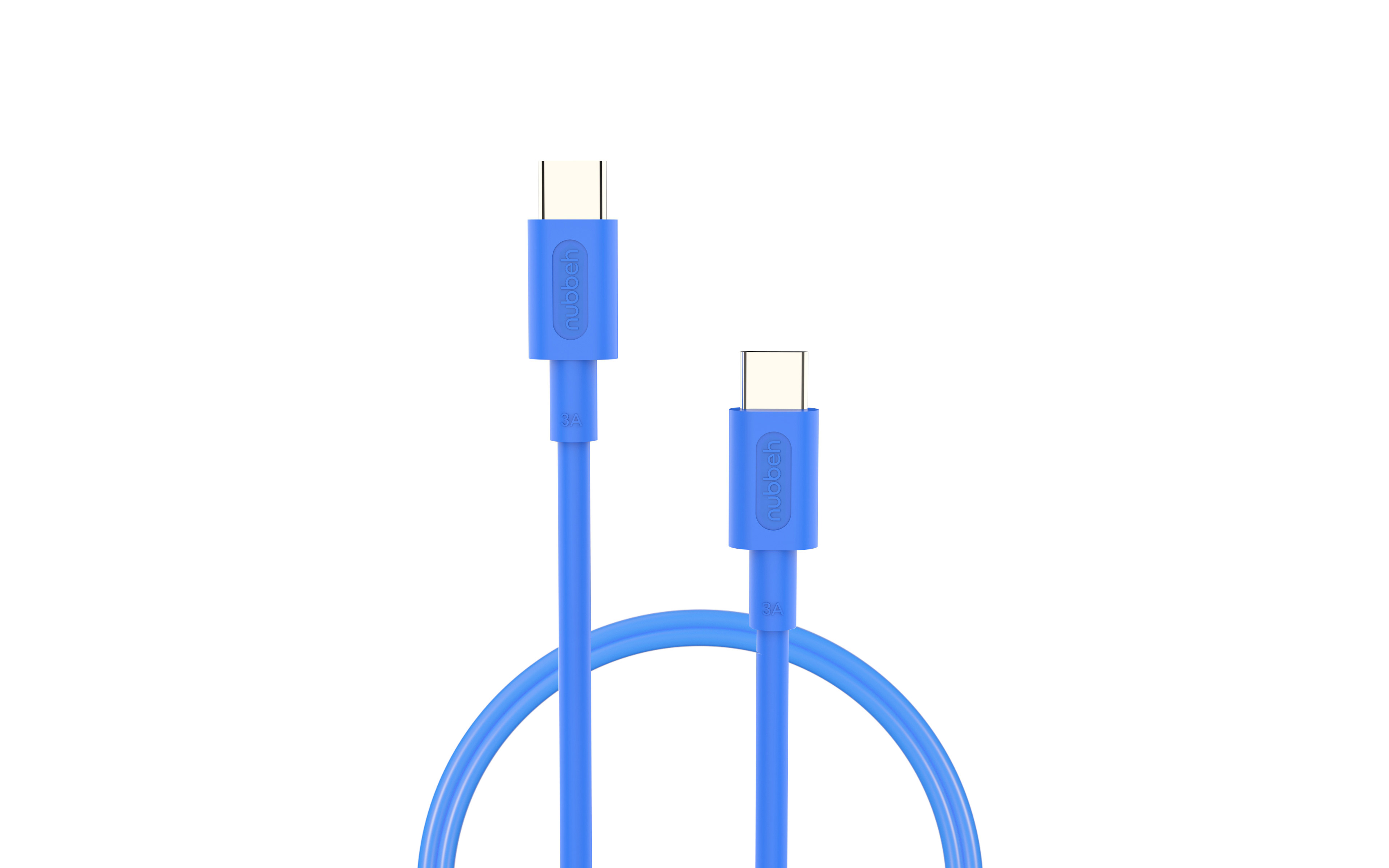 Cable USB-C azul sobre fondo blanco, con conectores azules.