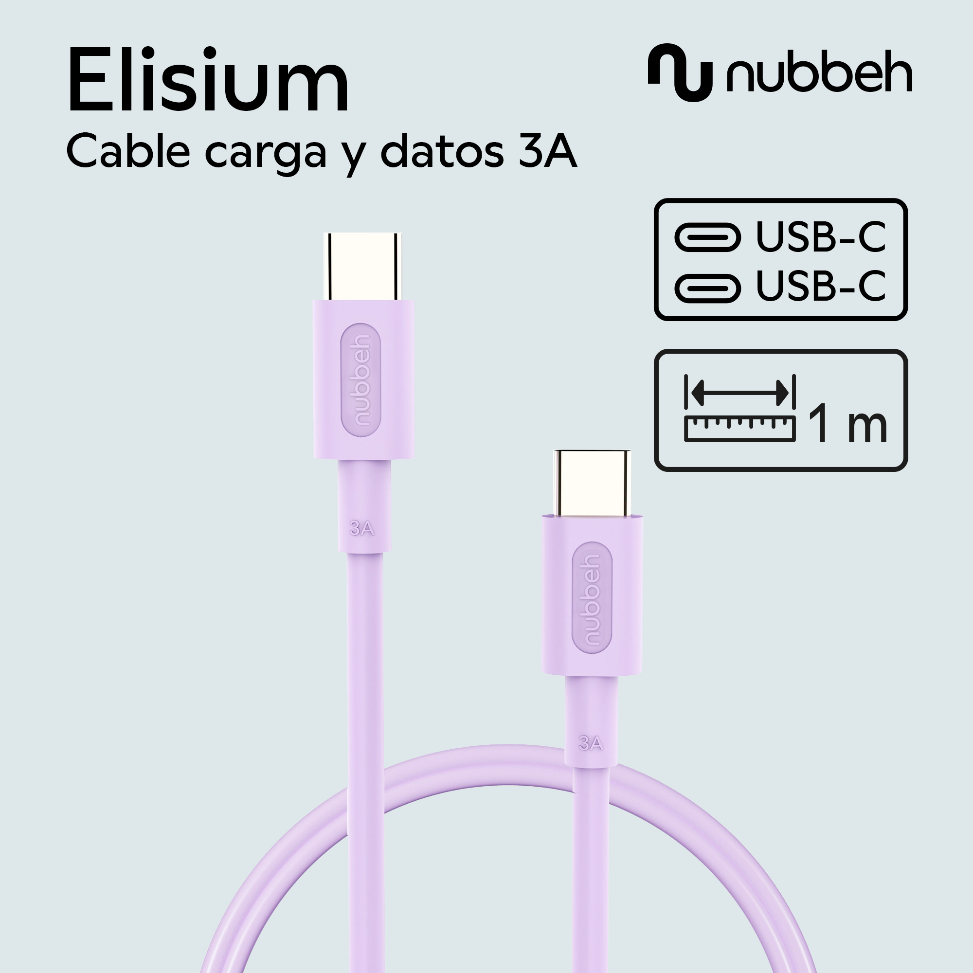 Cable USB-C morado con conectores USB-C y el logo Nubbeh, con una regla de 1m.
