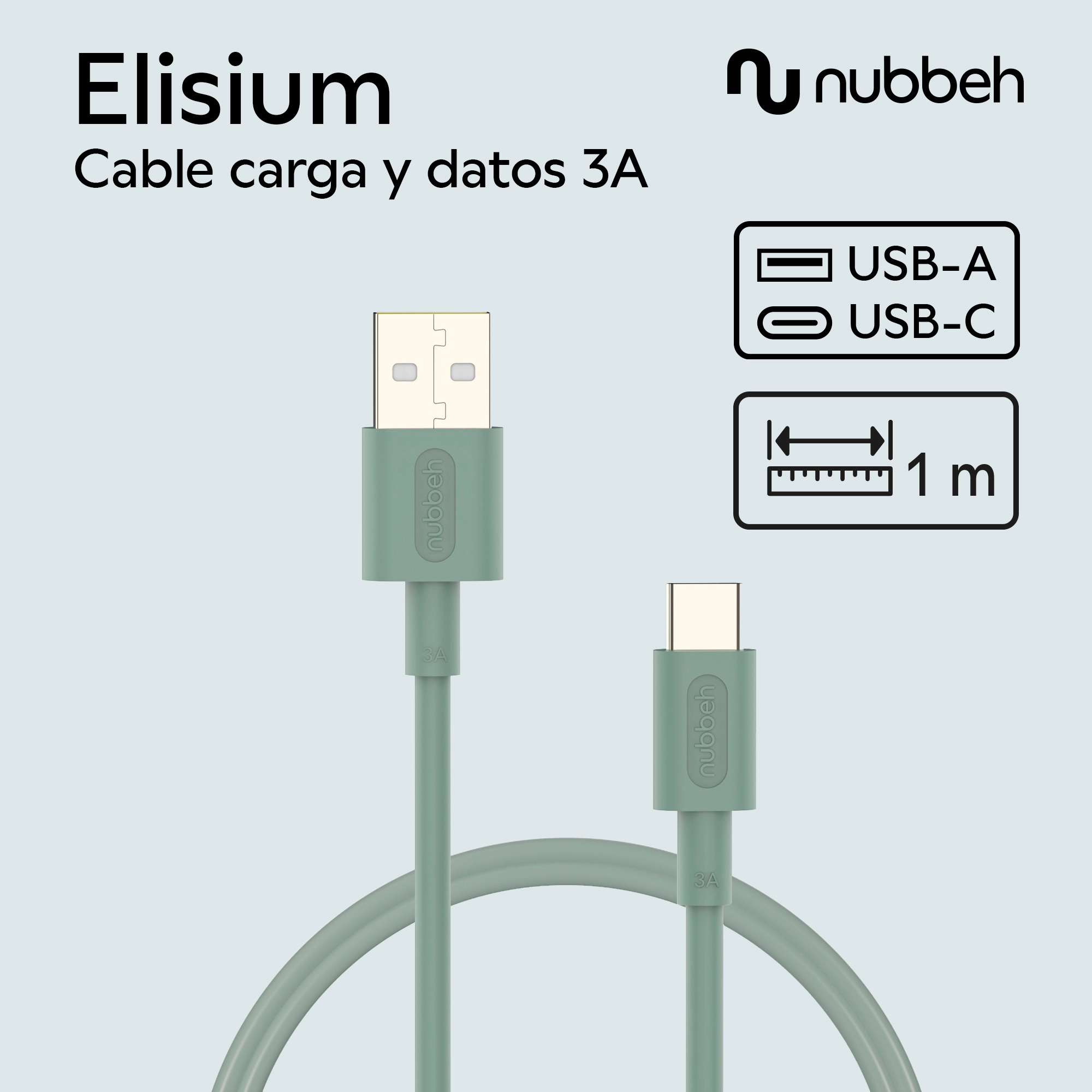 Cable verde USB-A a USB-C con texto e iconos sobre fondo blanco.