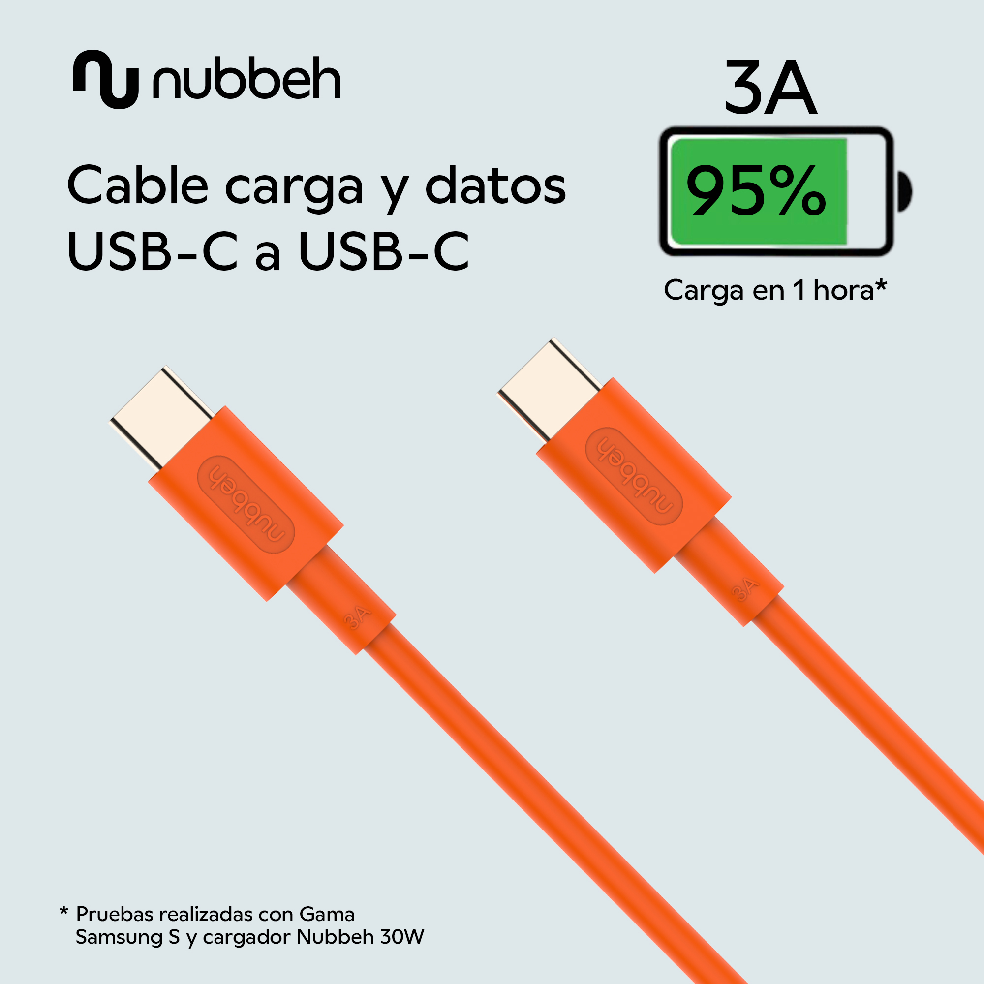 Dos cables USB-C naranjas, etiqueta del producto y un icono de batería que muestra el 95% de carga. Texto en español.
