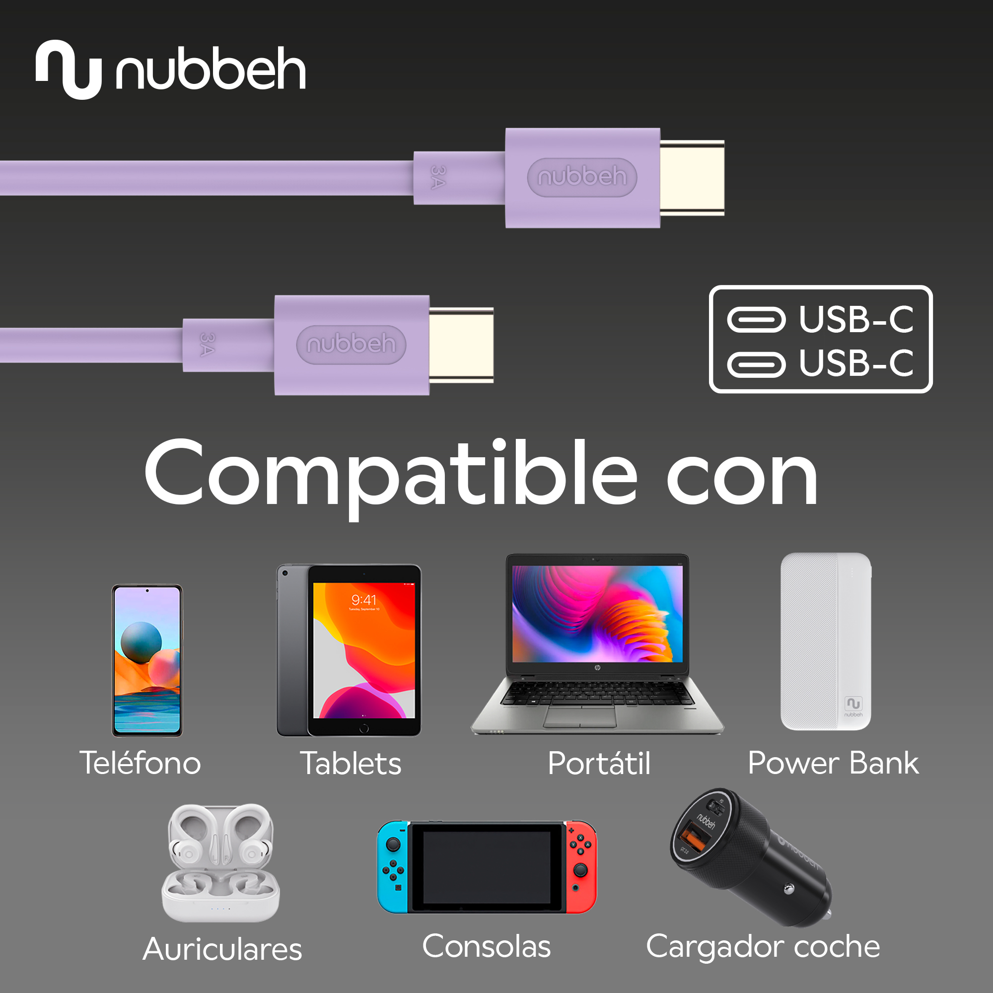 Múltiples dispositivos electrónicos y un cable USB-C morado.
