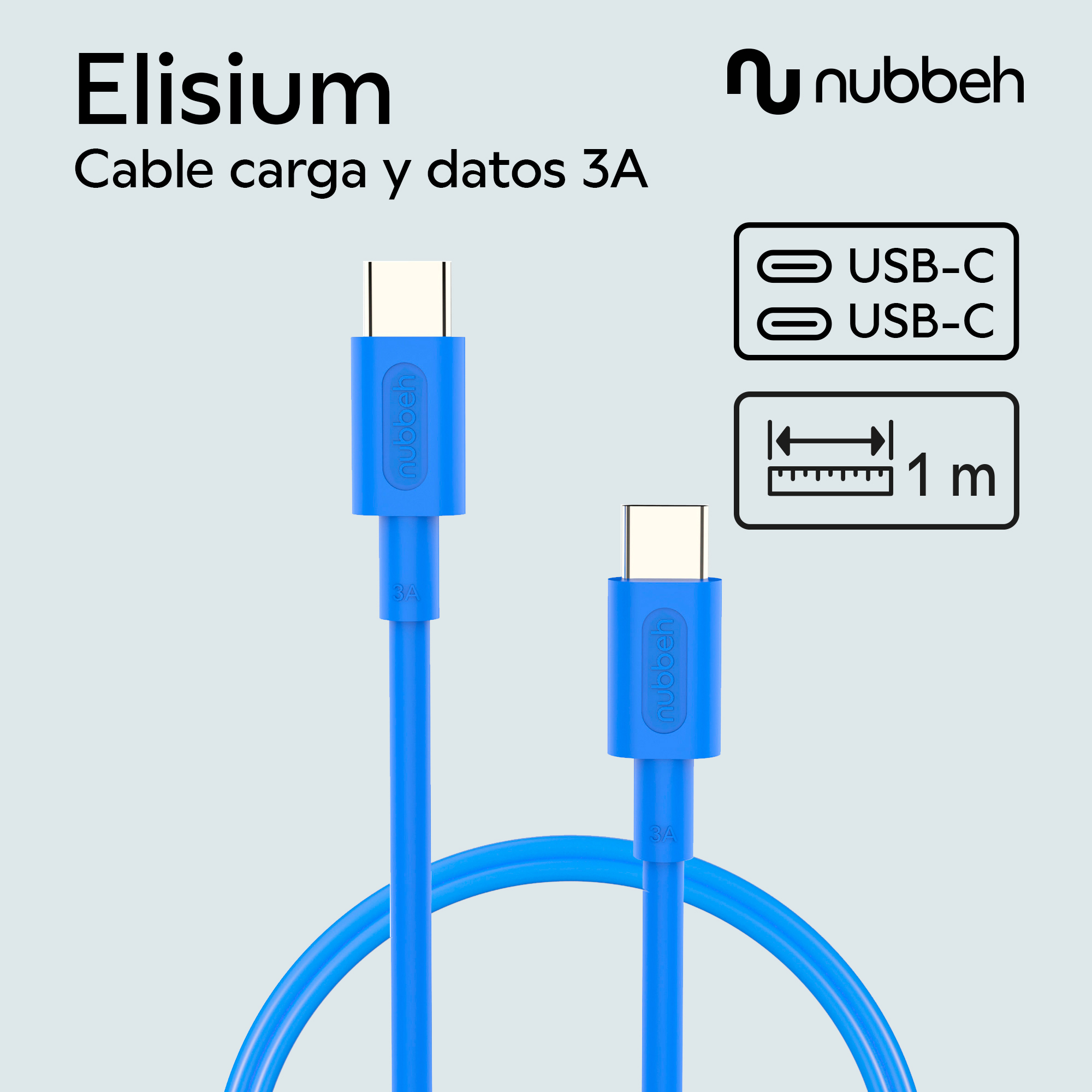 Cable de carga USB-C azul con conectores USB-C. El cable está etiquetado con 3A.