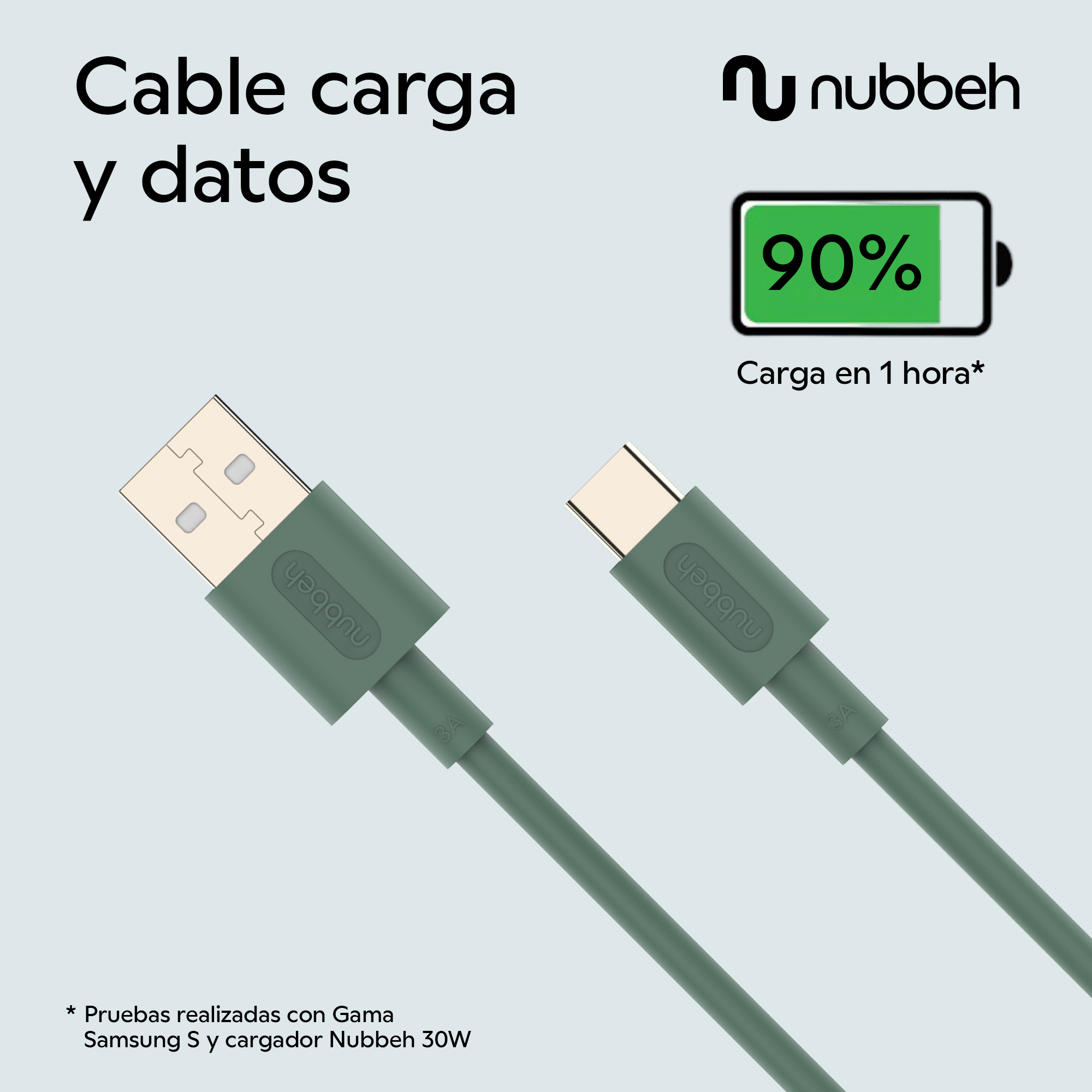 Cable de datos verde con extremos USB y USB-C, junto a un icono de batería al 90%.