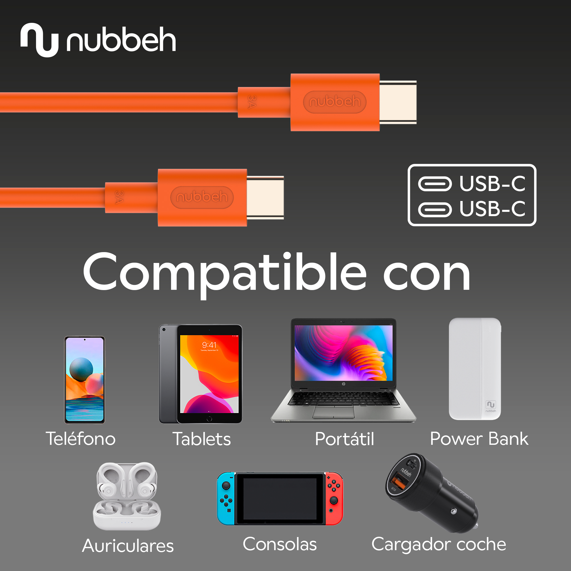 Cables USB-C naranjas, varios dispositivos y símbolos USB-C y USB-C.