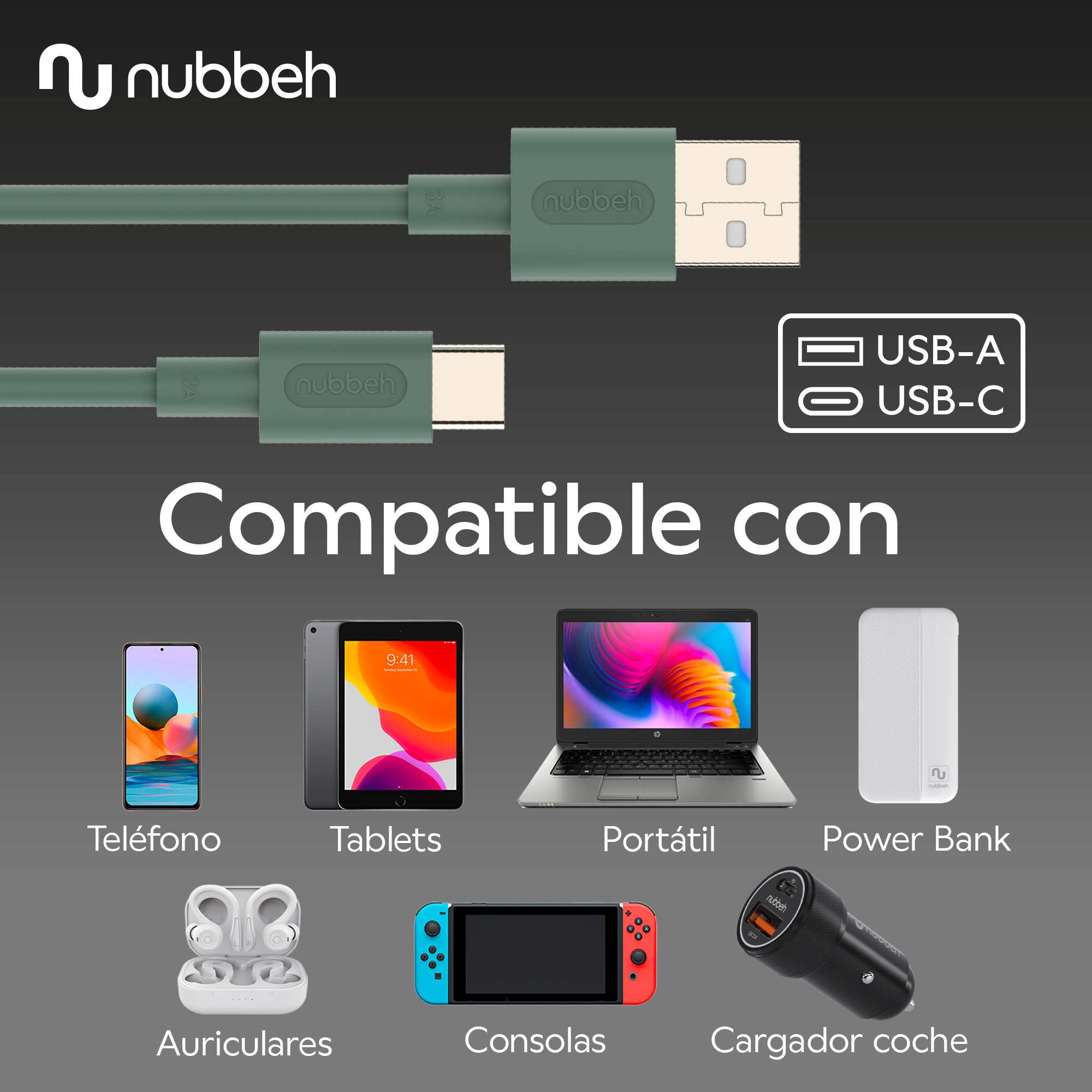 Cables de carga USB-A a USB-C y dispositivos. El embalaje muestra los dispositivos compatibles.