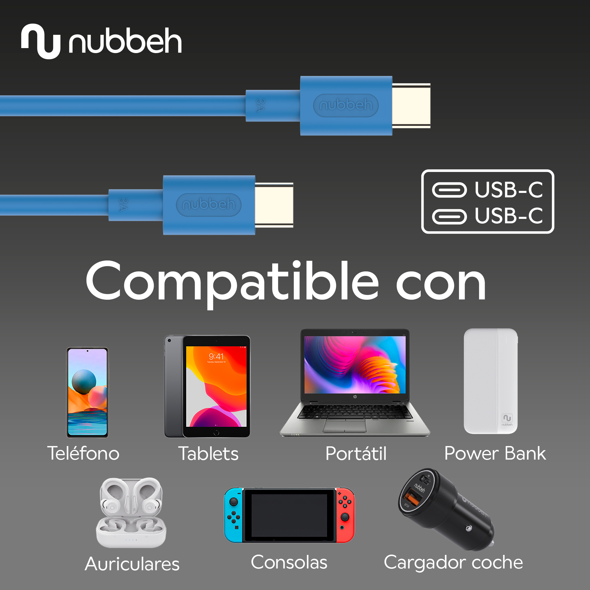 Cables USB-C con diferentes dispositivos: teléfono, tableta, portátil, auriculares, consolas.