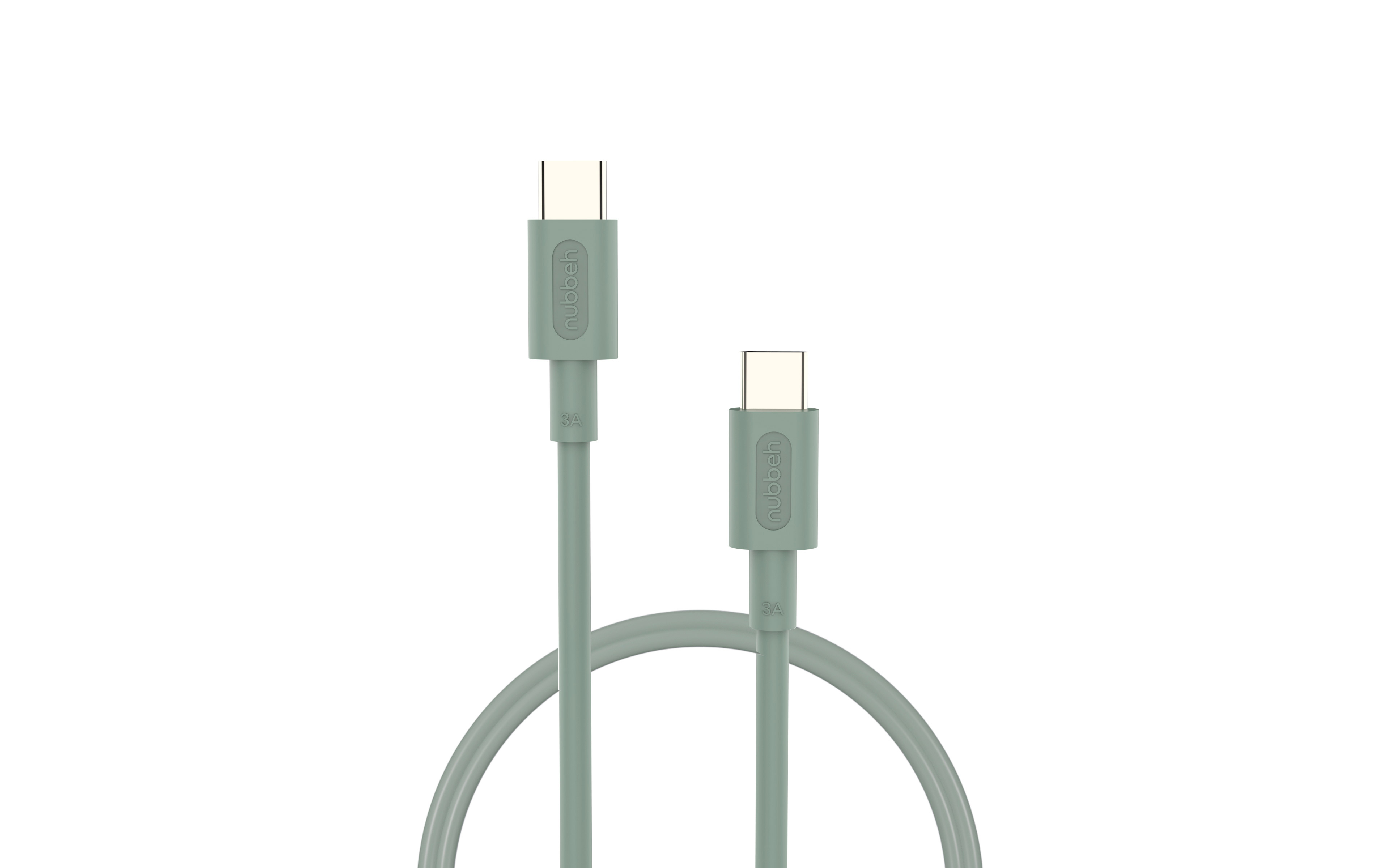 Un cable USB-C verde claro, con conectores USB-C en ambos extremos, sobre un fondo blanco.