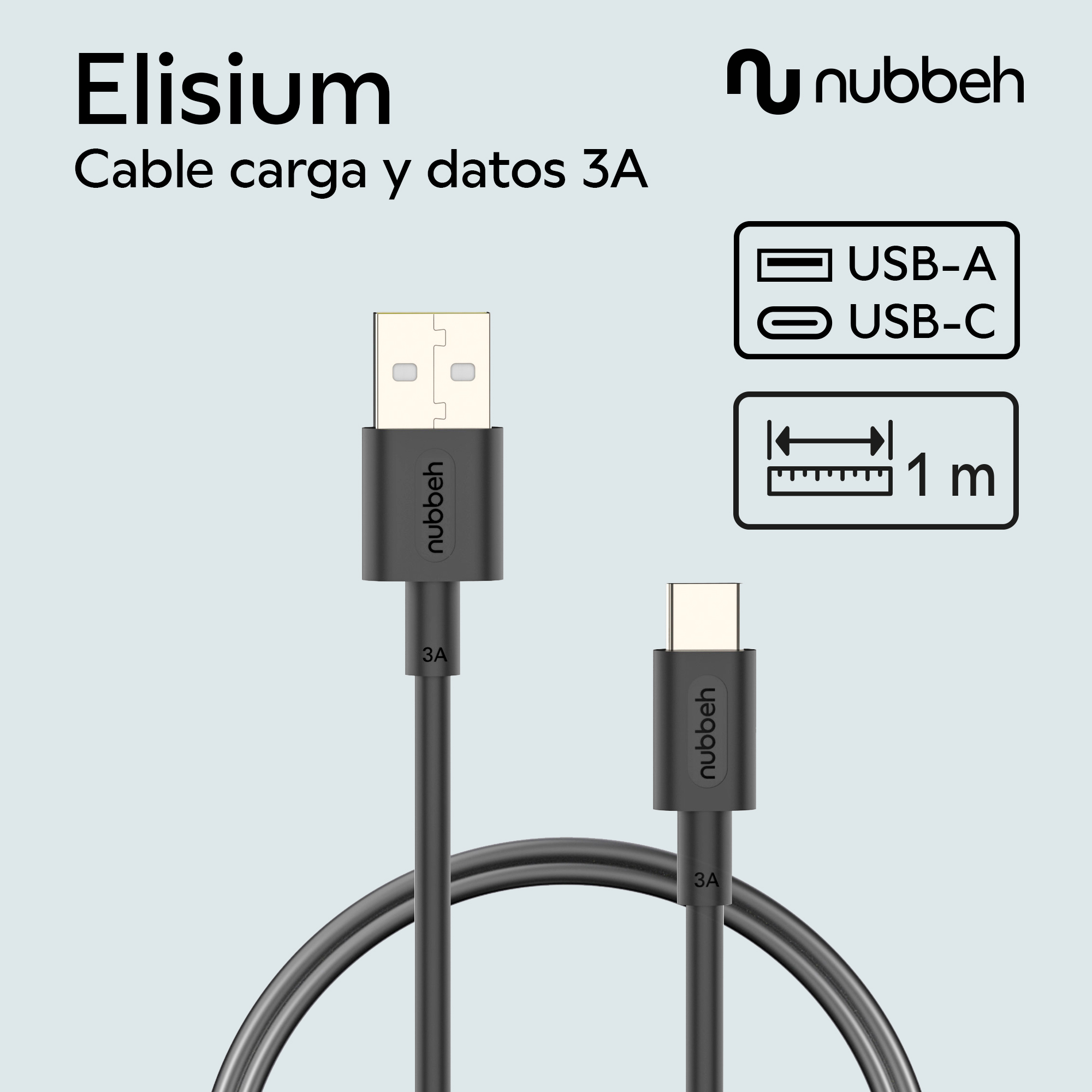 Cable USB negro con conectores USB-A a USB-C. Logotipo Nubbeh y etiqueta 3A. Fondo blanco.