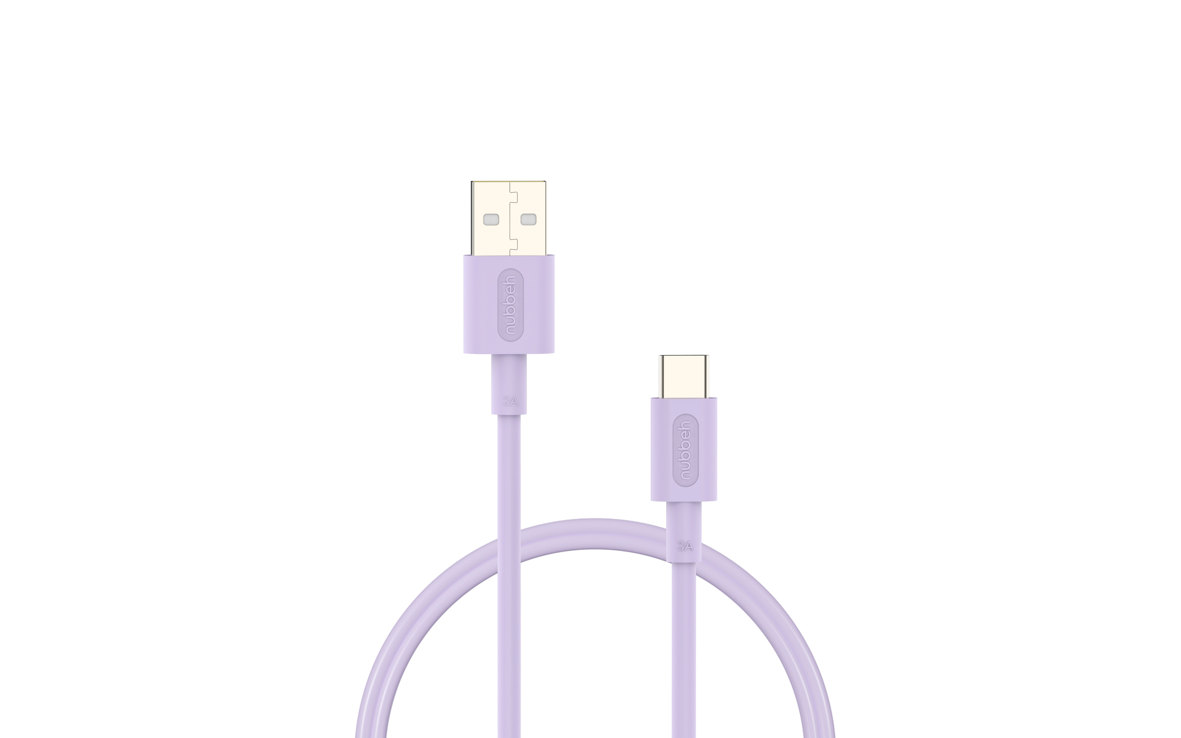 Un cable de carga USB a USB-C lavanda, con la marca en los conectores, sobre un fondo blanco.