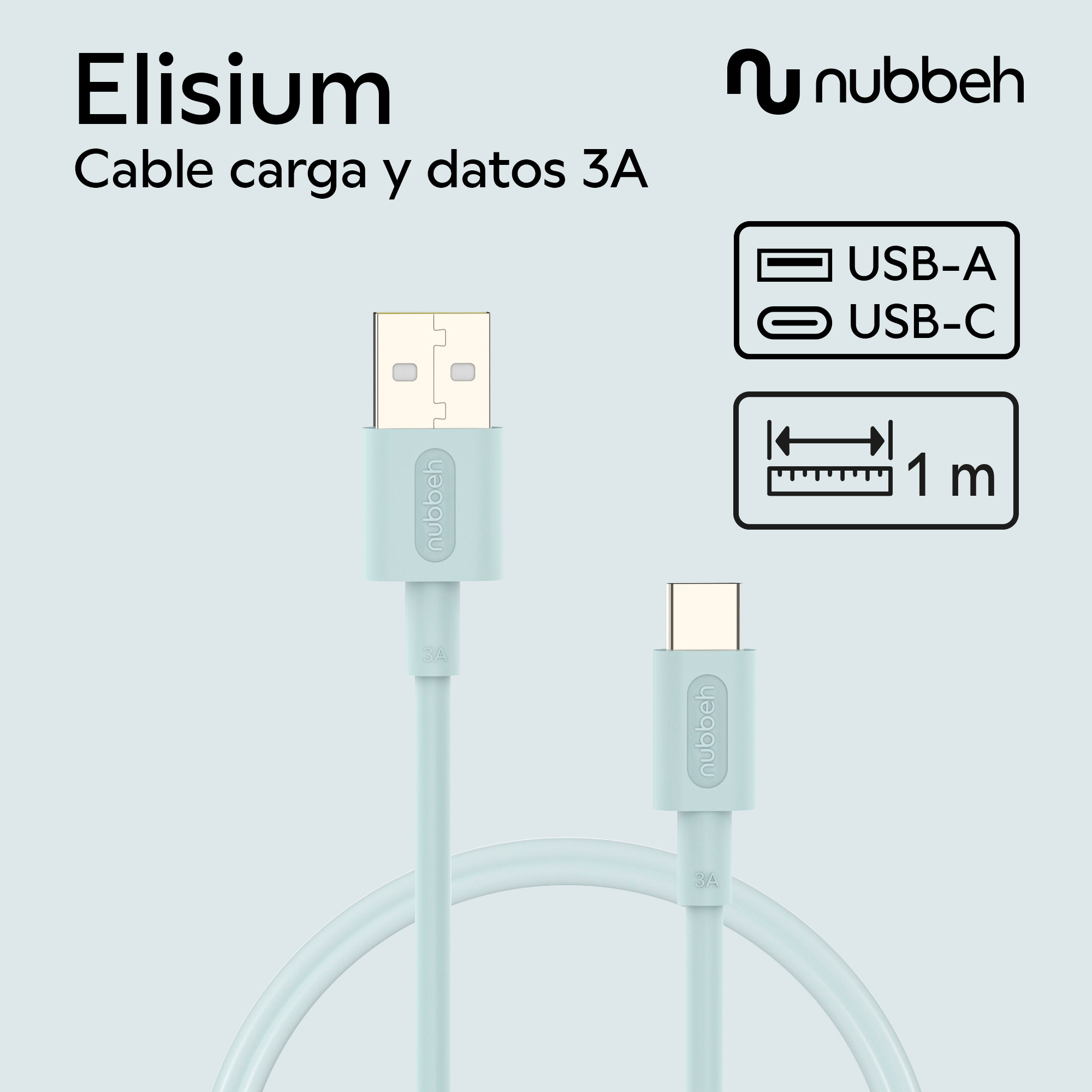 Cable de carga USB-A a USB-C azul claro de 1 m de longitud, sobre fondo cian.