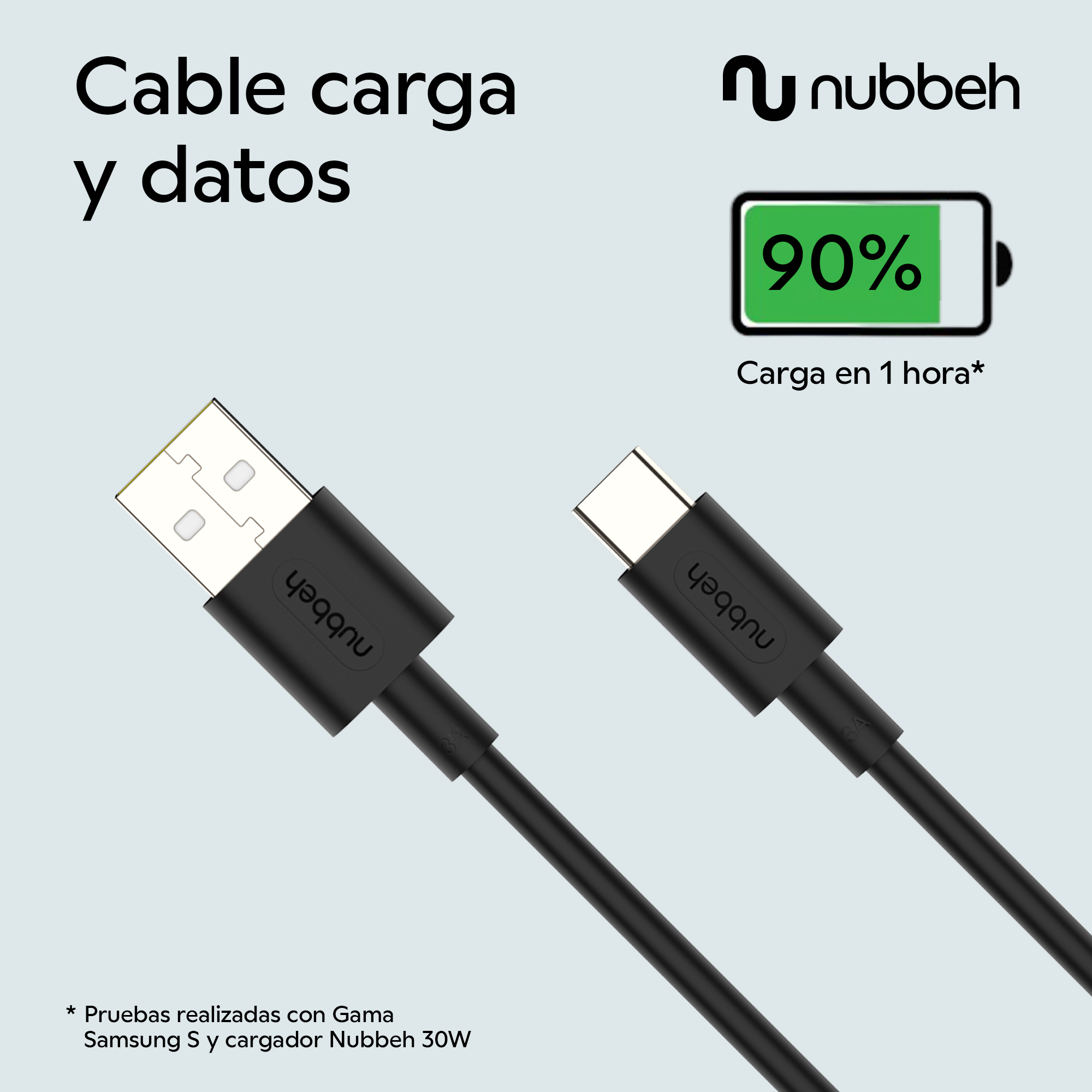 Un cable de carga USB-C negro con un icono de batería del 90% y texto.