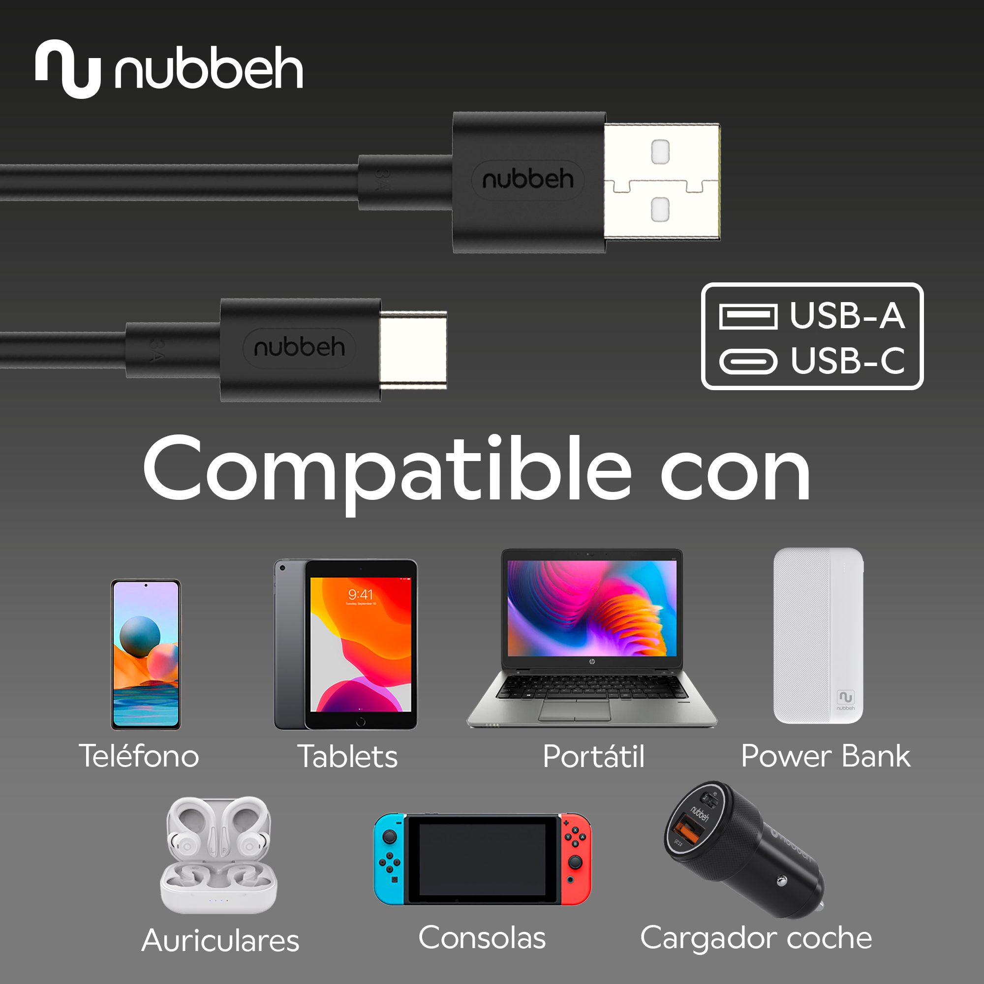 Cables USB negros con conectores USB-A y USB-C. Compatible con teléfono, tableta, portátil, power bank, etc.