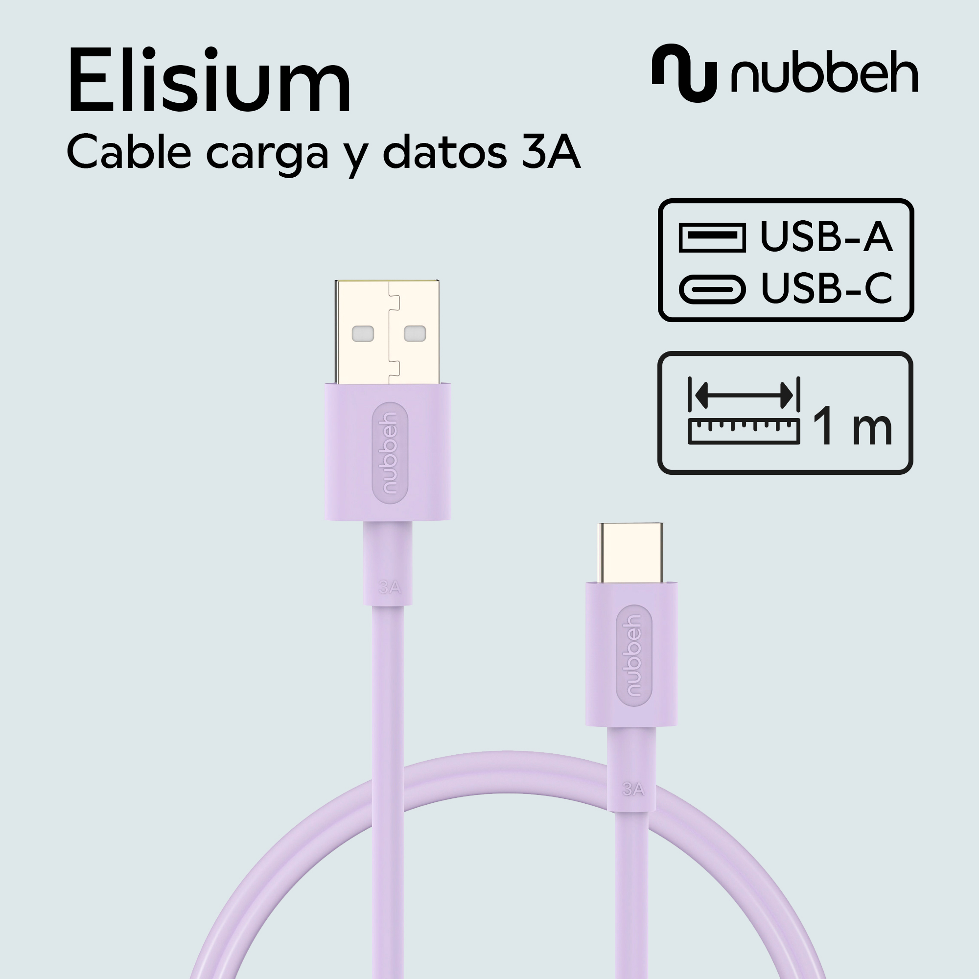 Un cable USB morado con conectores USB-A y USB-C y la marca 'nubbeh'.
