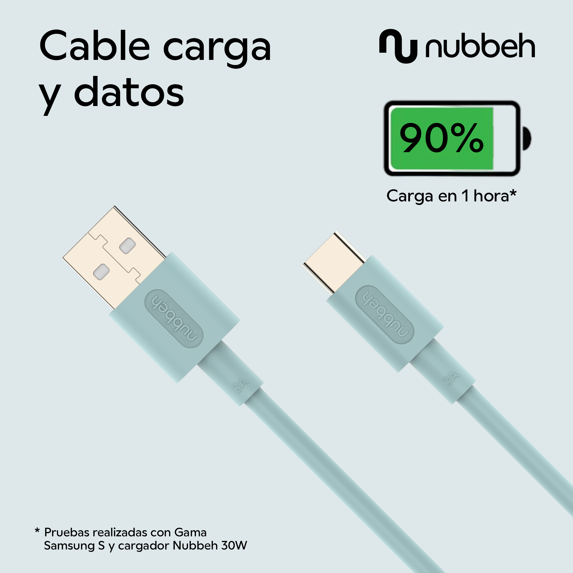 Dos cables USB-C azul claro con la marca nubbeh en el lateral, con un icono de batería.
