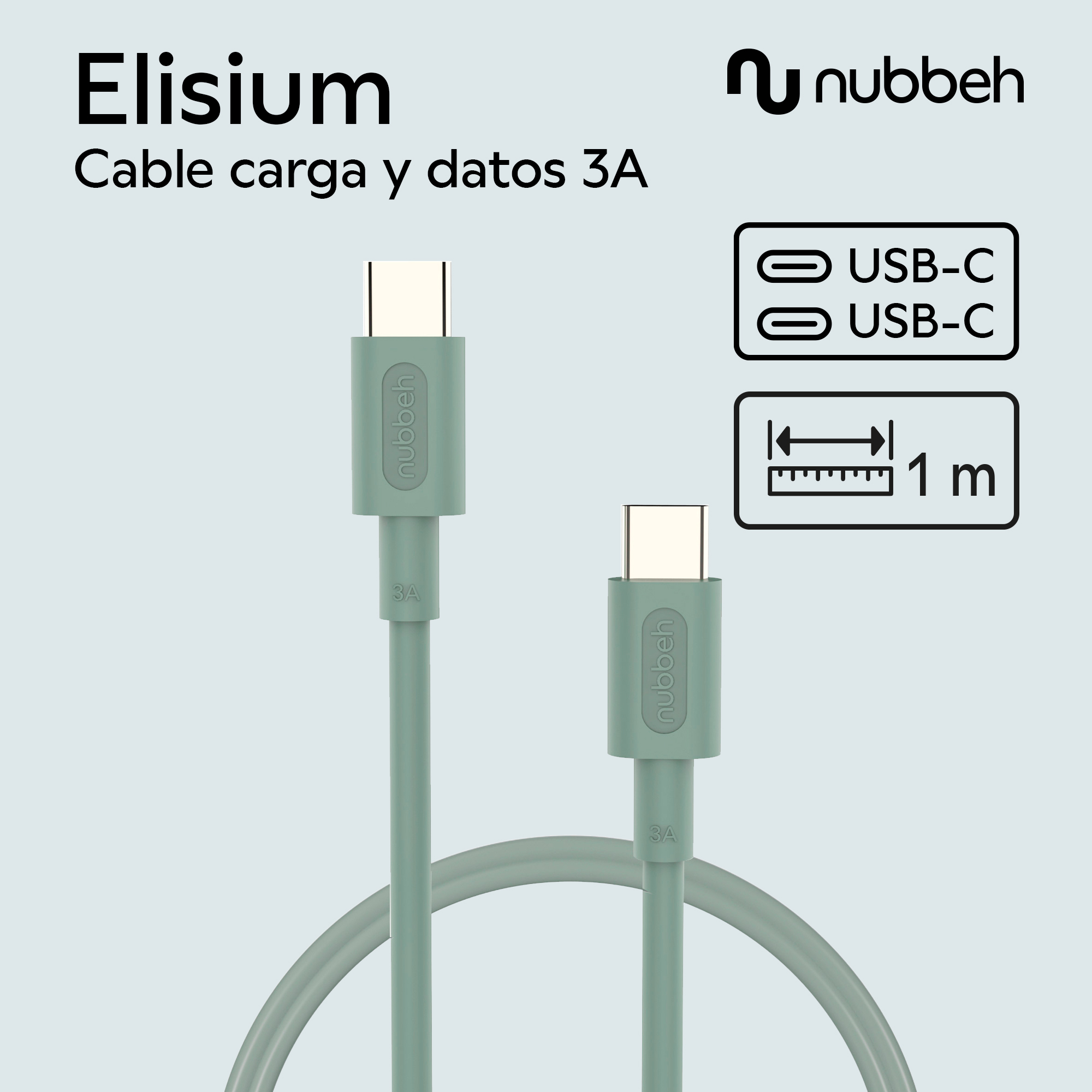 Dos cables USB-C verdes con conectores. Marca y especificaciones en el fondo.
