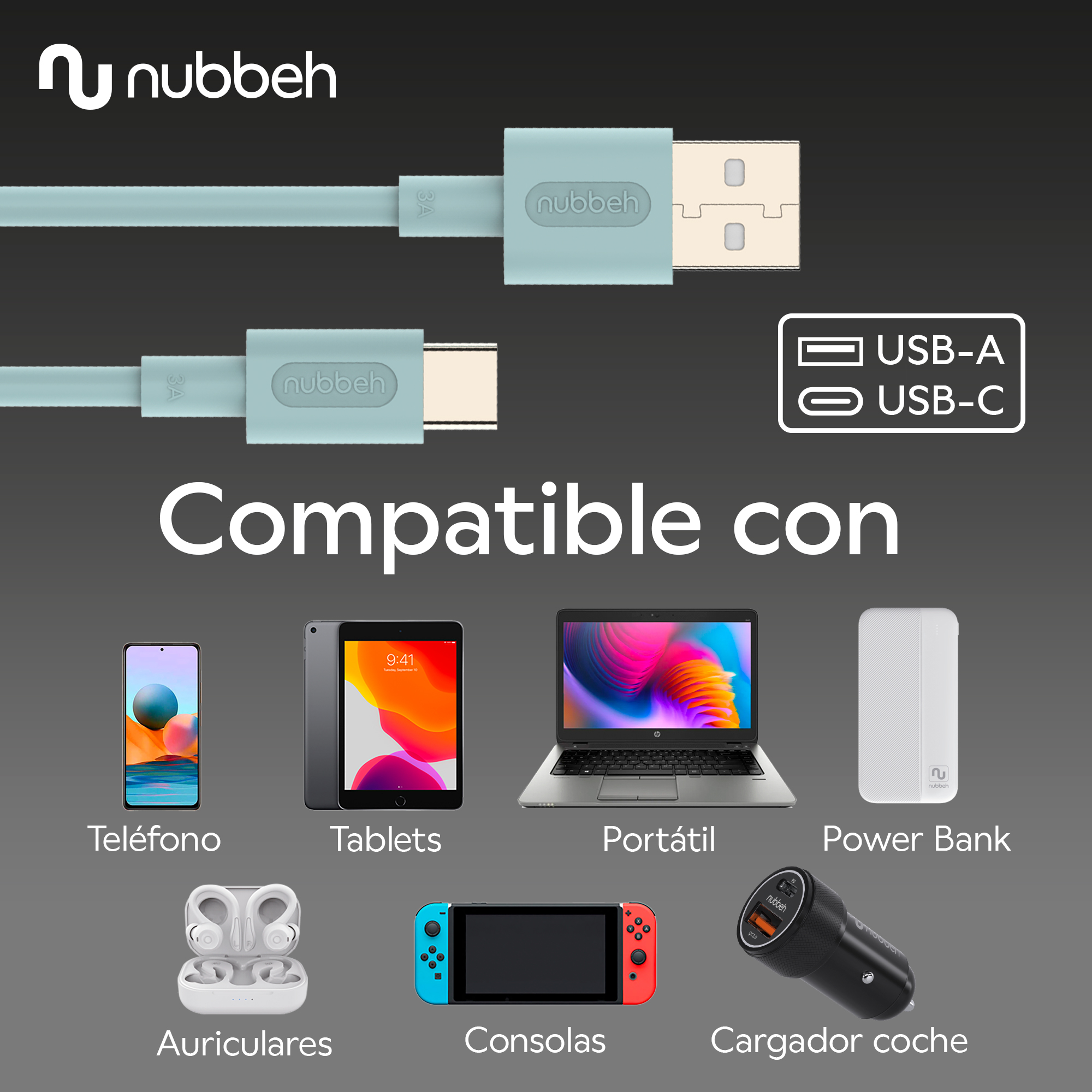 Cables de carga azules con conectores USB-A y USB-C. Dispositivos compatibles: teléfono, tablet, portátil, etc.