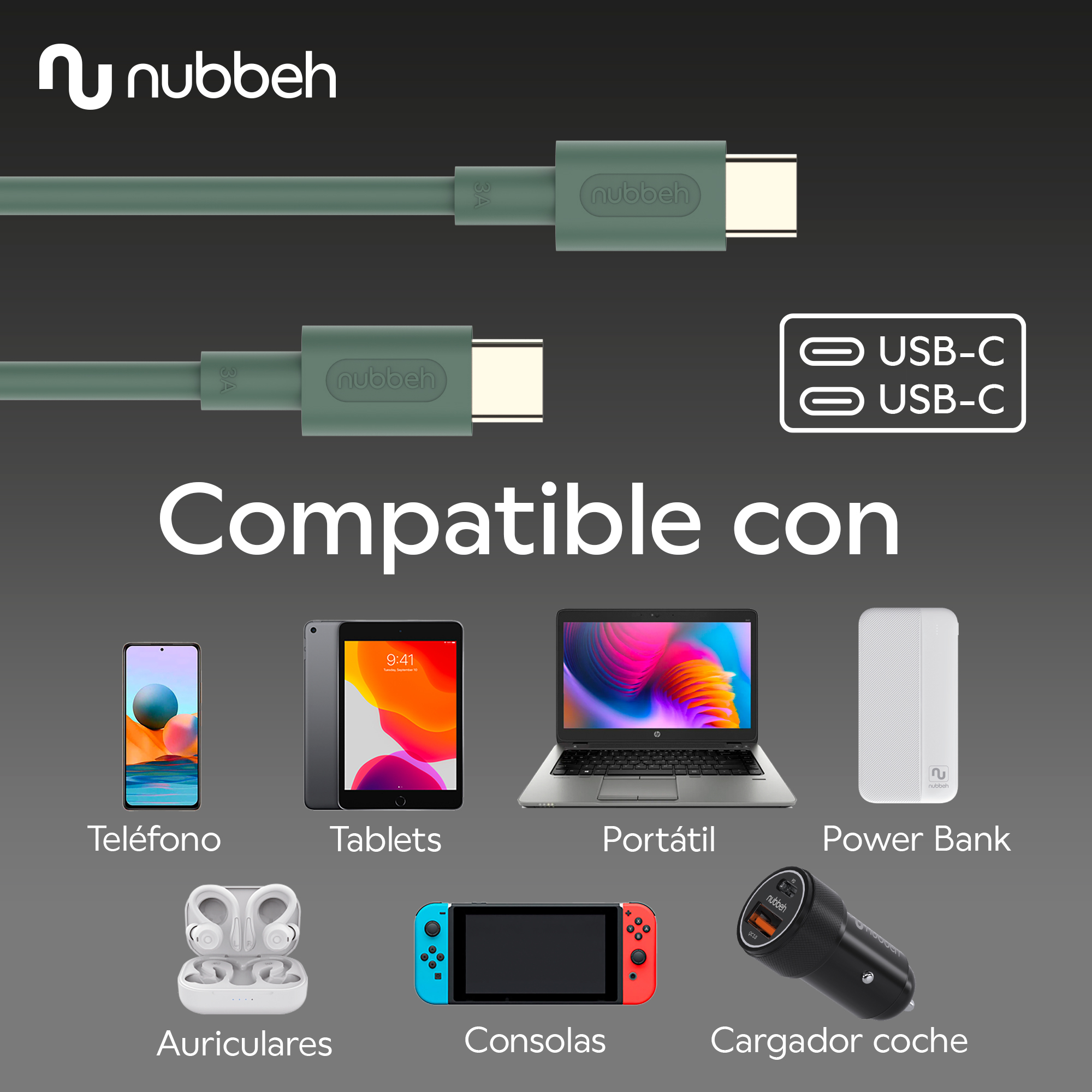Cables USB-C y varios dispositivos como teléfono, tableta, portátil y banco de energía.