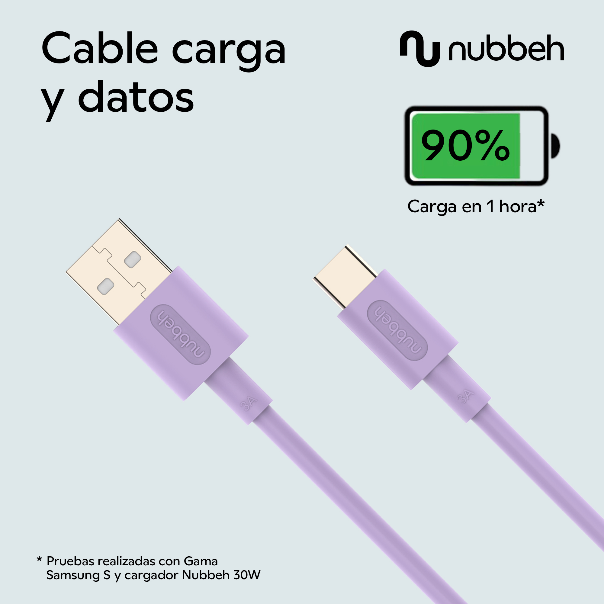 Un cable de carga USB-A a USB-C morado con un icono de batería al 90%, que indica carga rápida.