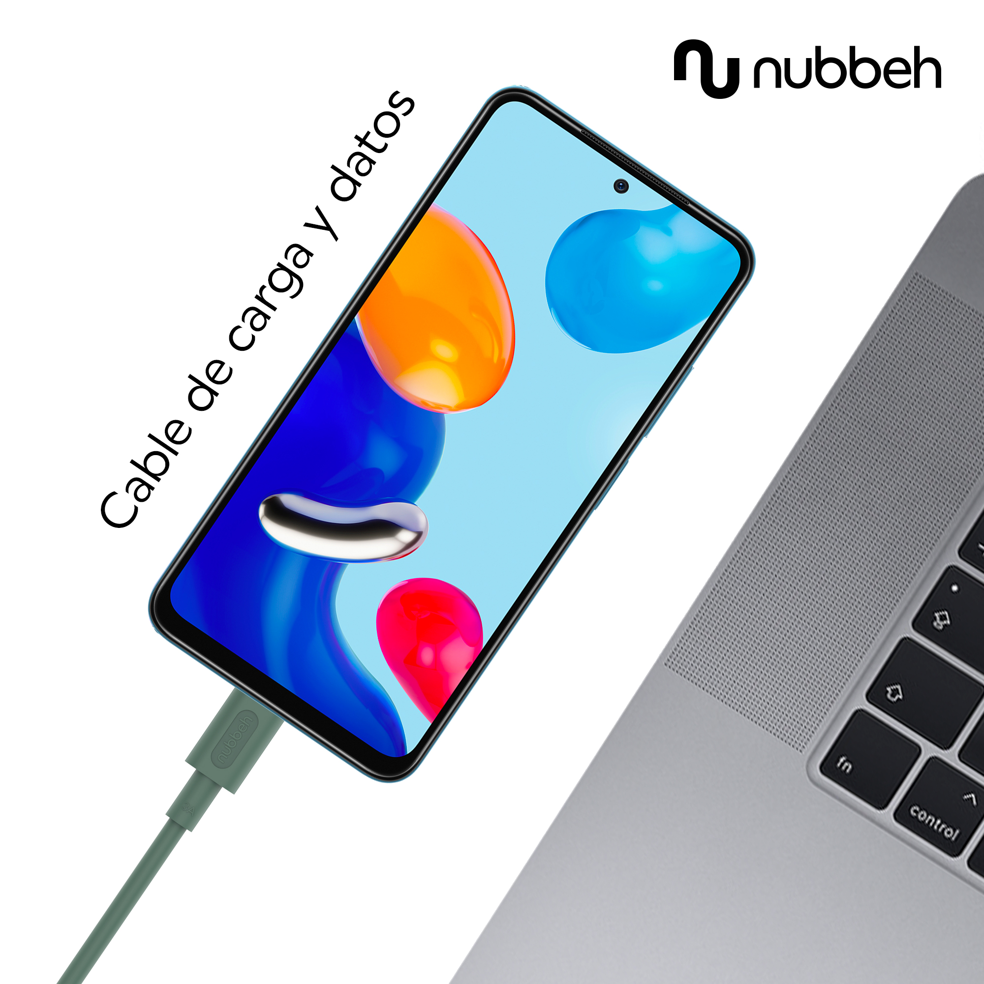 Un teléfono está conectado a una laptop con un cable verde. La pantalla del teléfono muestra gráficos coloridos.