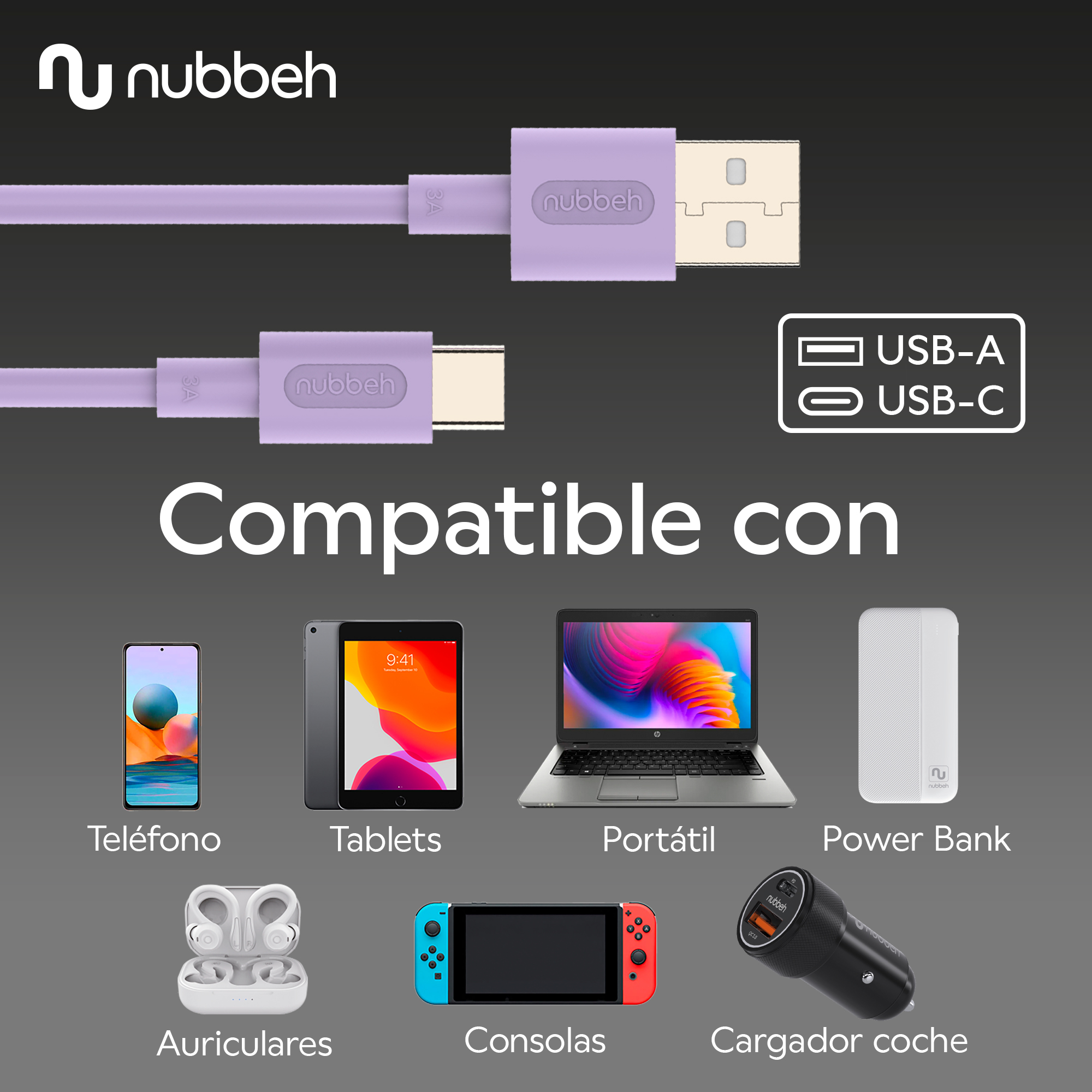 Un cable USB morado con un conector USB-A y USB-C junto a imágenes de dispositivos con los que es compatible.
