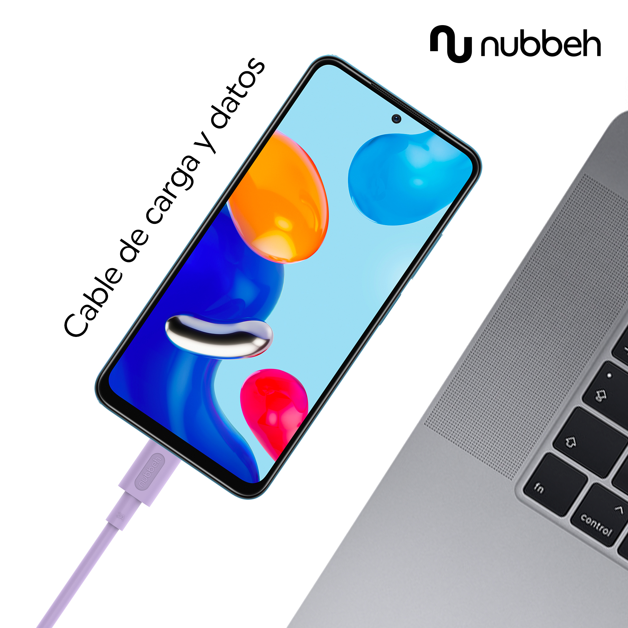 Un teléfono inteligente conectado a una computadora portátil con un cable USB-C morado. El teléfono muestra un gráfico colorido.