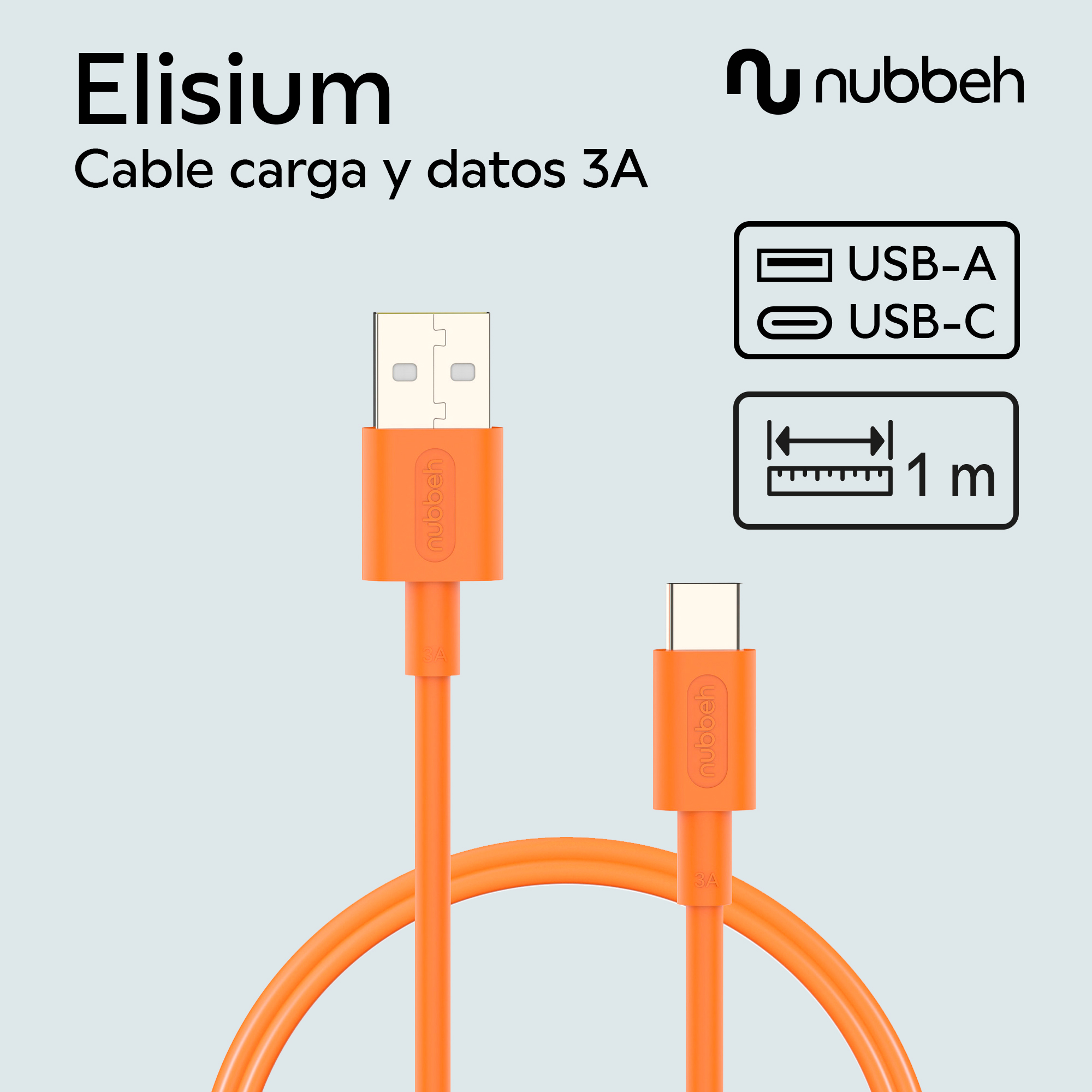 Cable naranja USB-A a USB-C. El cable está sobre un fondo azul claro, con texto e iconos USB.