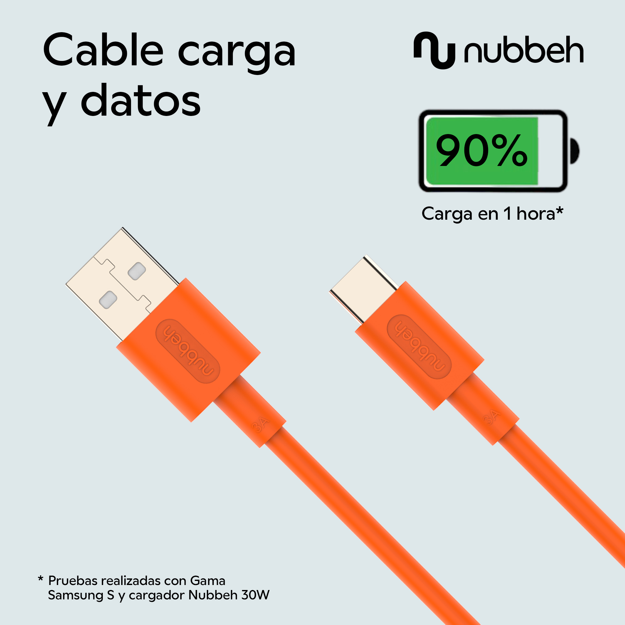 Dos cables de carga Nubbeh naranjas cargando un dispositivo, mostrando el 90% de carga.