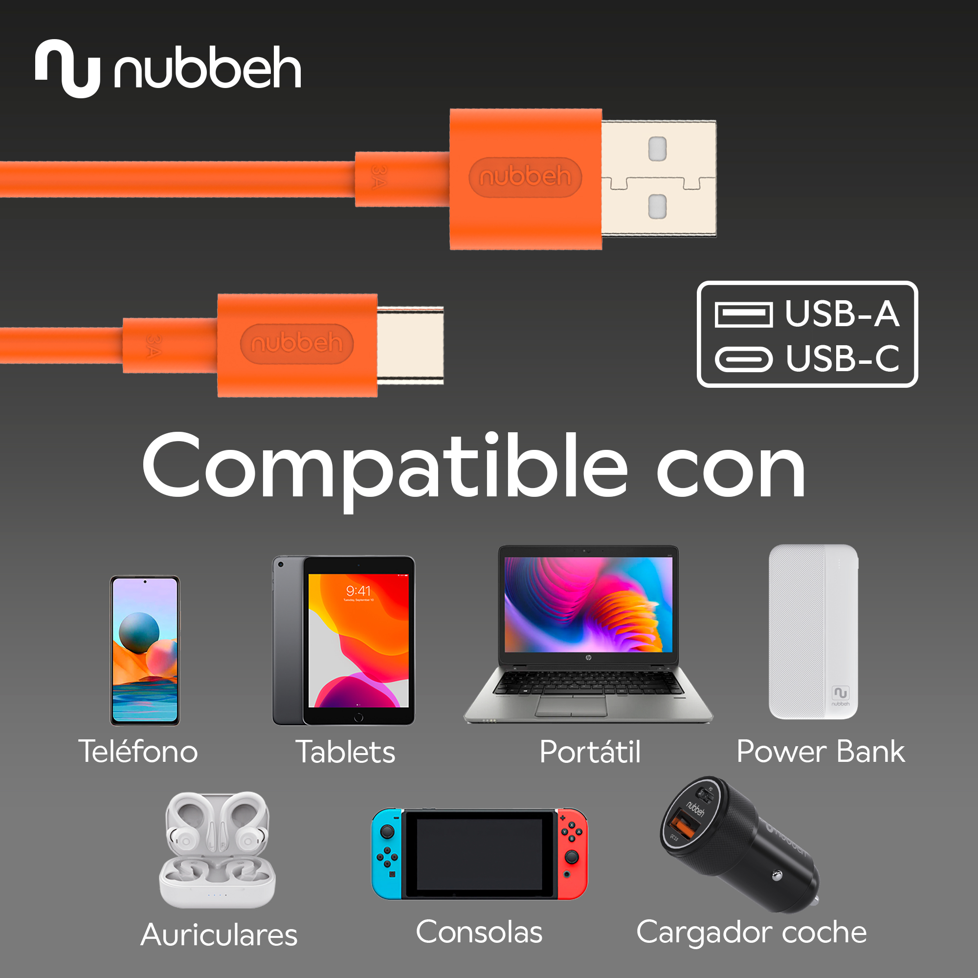 Cables USB naranjas y otros dispositivos. Texto: 'Compatible con' y muestra teléfono, tableta, portátil, banco de energía.