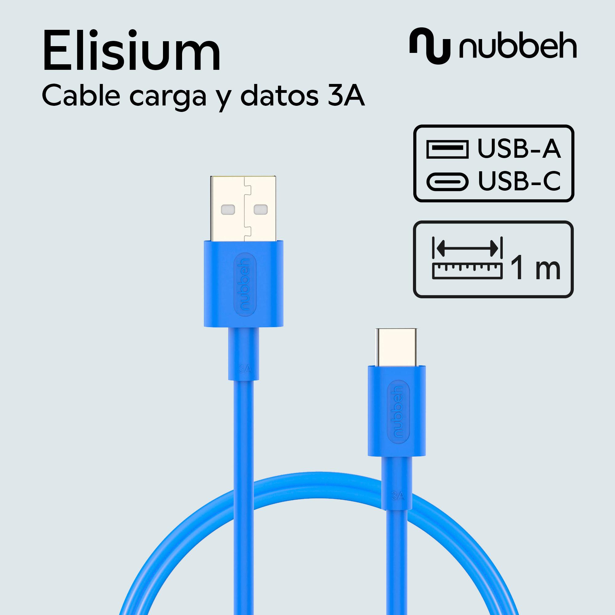 Un cable USB azul con conectores USB-A y USB-C. Se muestra la marca y las especificaciones.