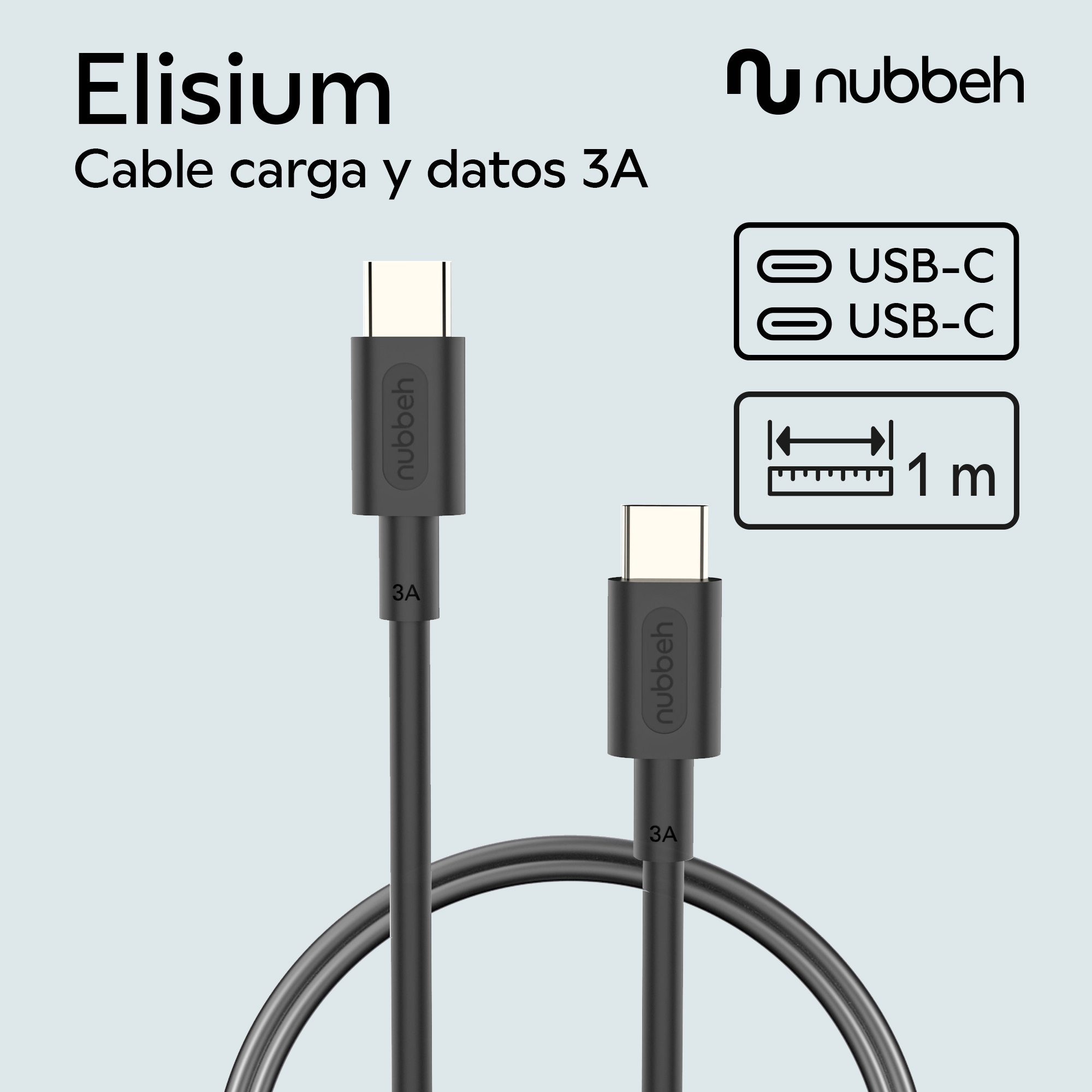 Cable de carga negro con conectores USB-C. Texto: 'Elishum' y 'nubbeh'. Fondo blanco.