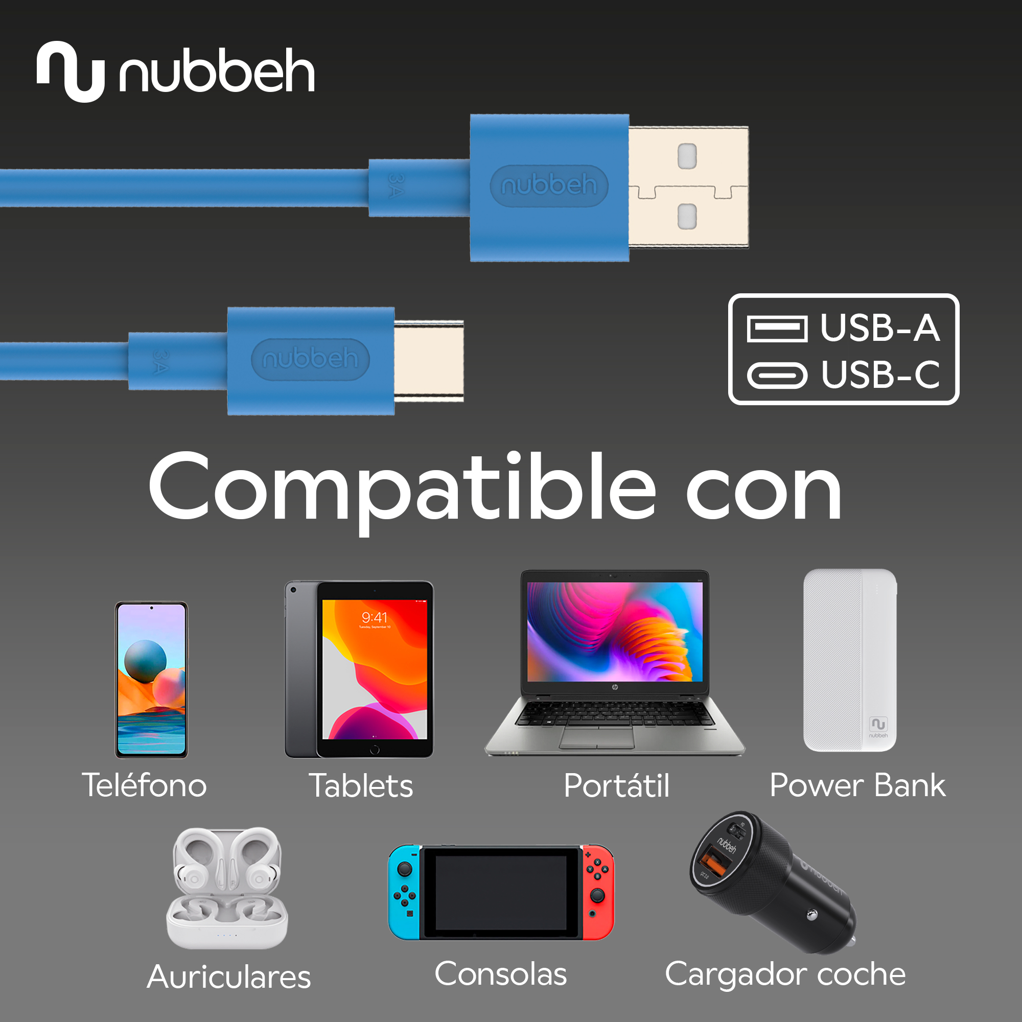 Un cable USB azul con conectores USB-A y USB-C sobre blanco.