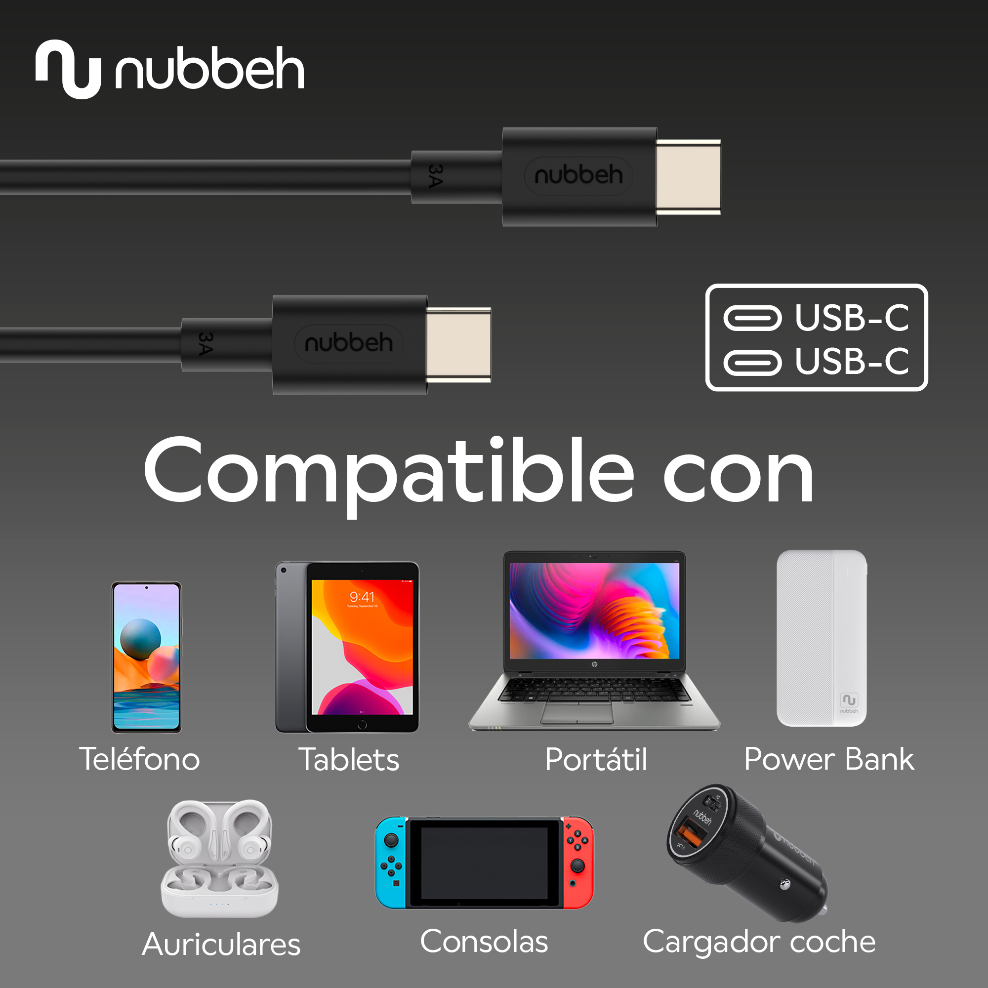 Varios dispositivos conectados por cables USB-C. Dispositivos compatibles: teléfono, tableta, portátil...