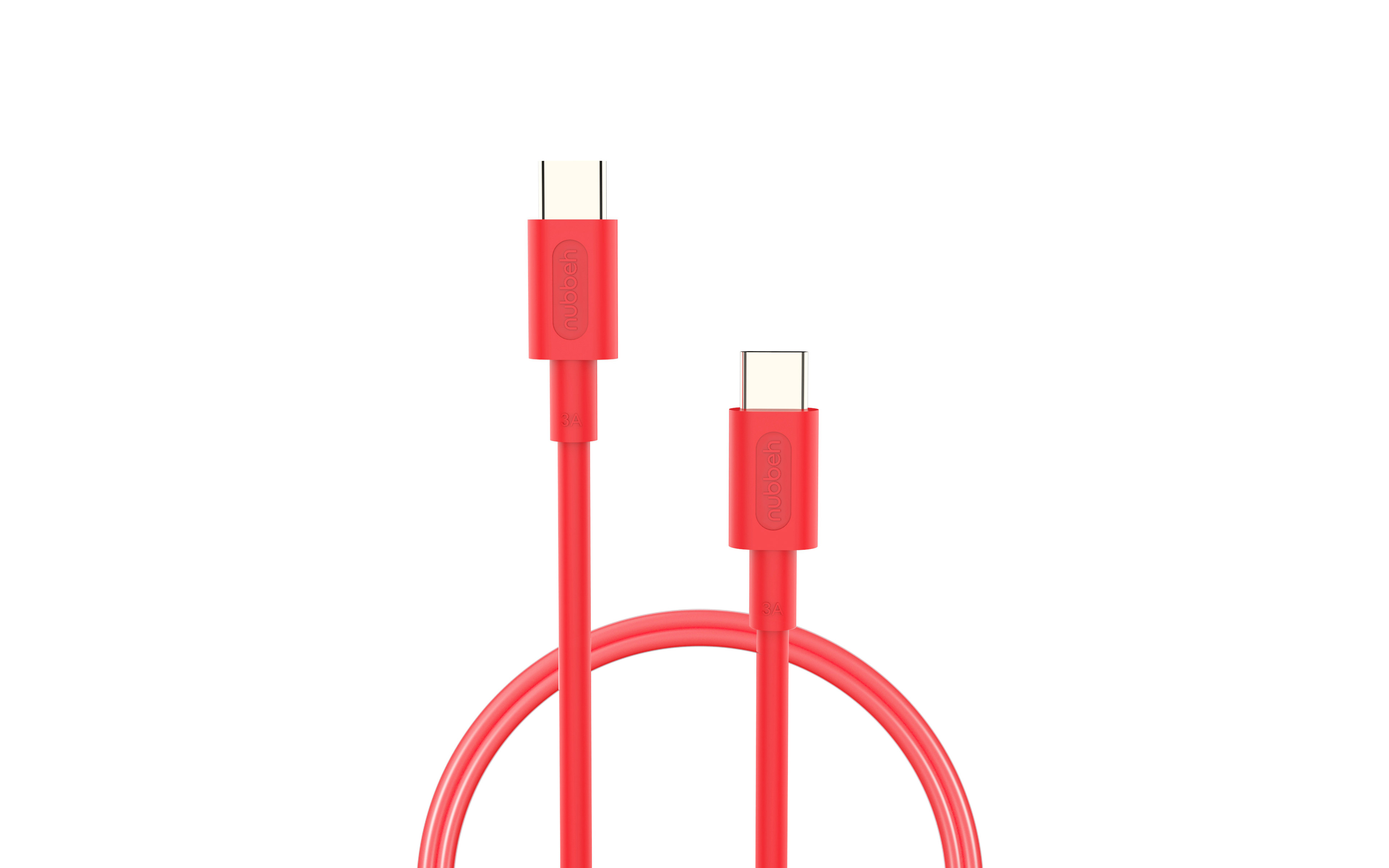Dos cables USB-C rojos, ambos con conectores en cada extremo, sobre un fondo blanco.