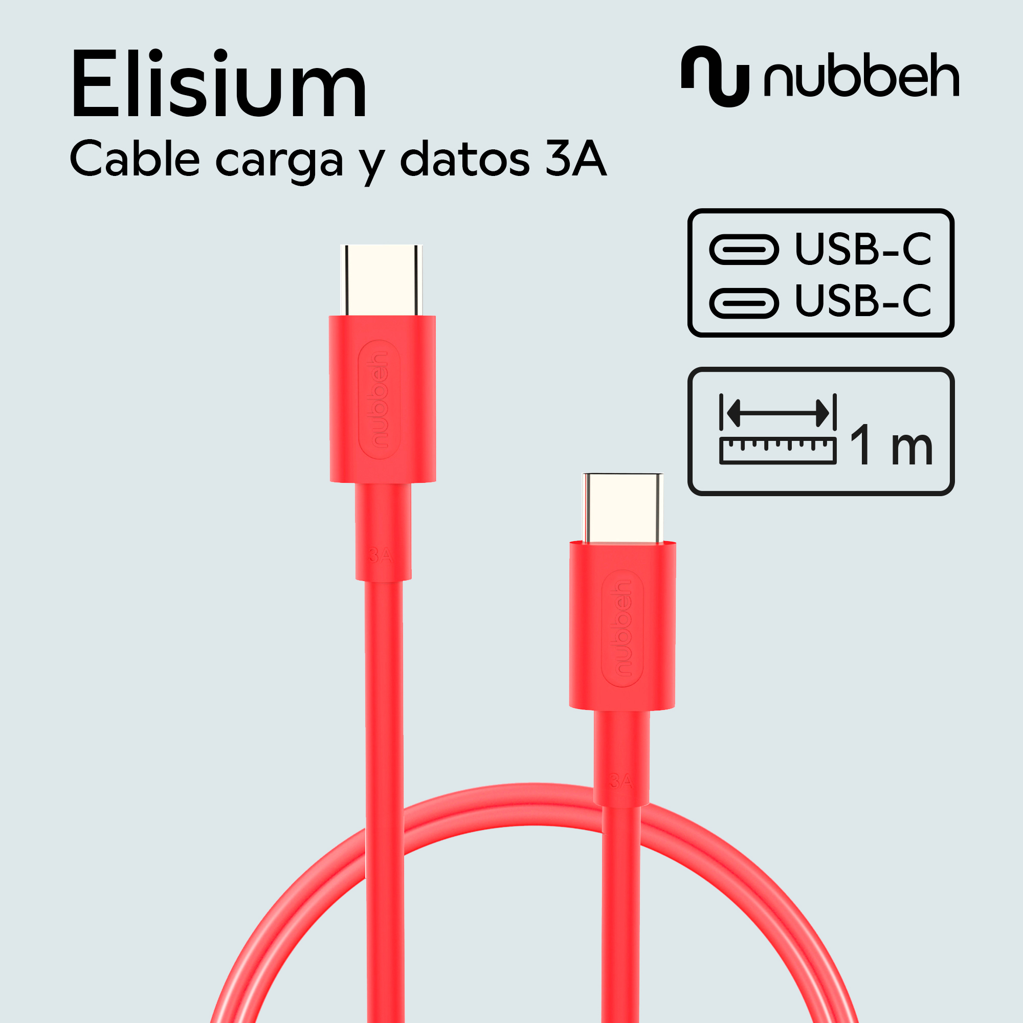Cable de carga USB-C rojo con embalaje, mostrando el cable y los conectores.