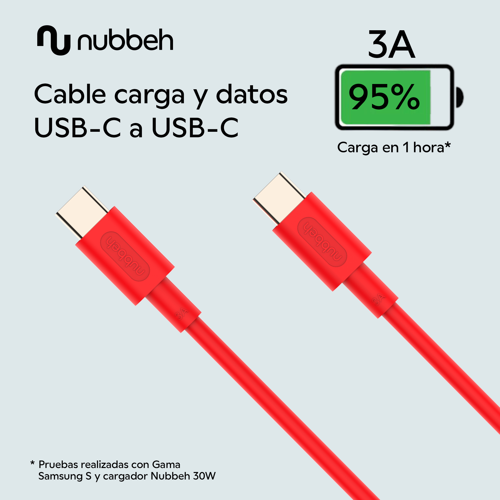 Cable USB-C rojo con conectores rojos, texto blanco sobre rojo, logo de carga y 95% batería.