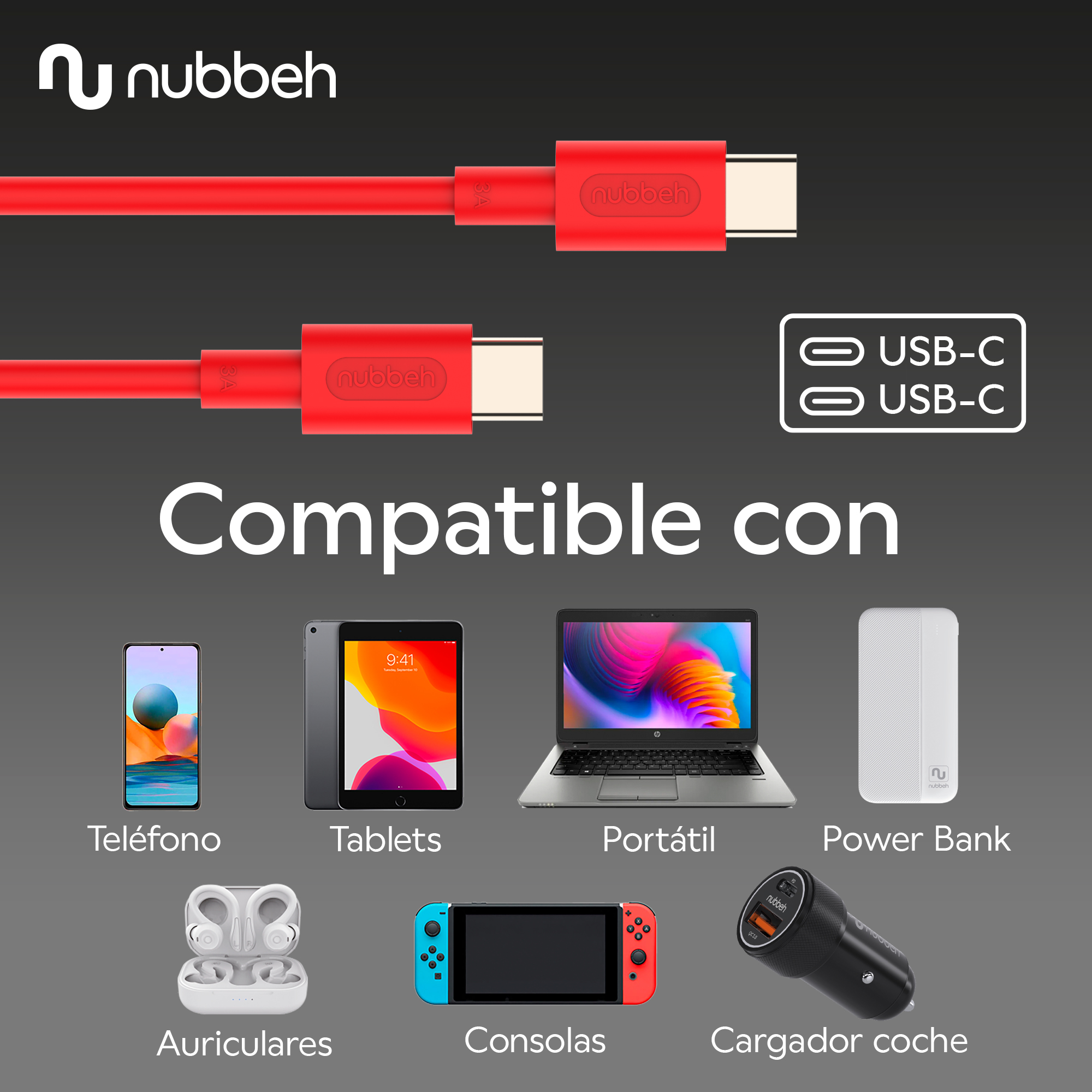 Cables USB-C rojos, compatibles con varios dispositivos: teléfono, tabletas, portátil, batería externa, auriculares, consolas, cargador de coche.
