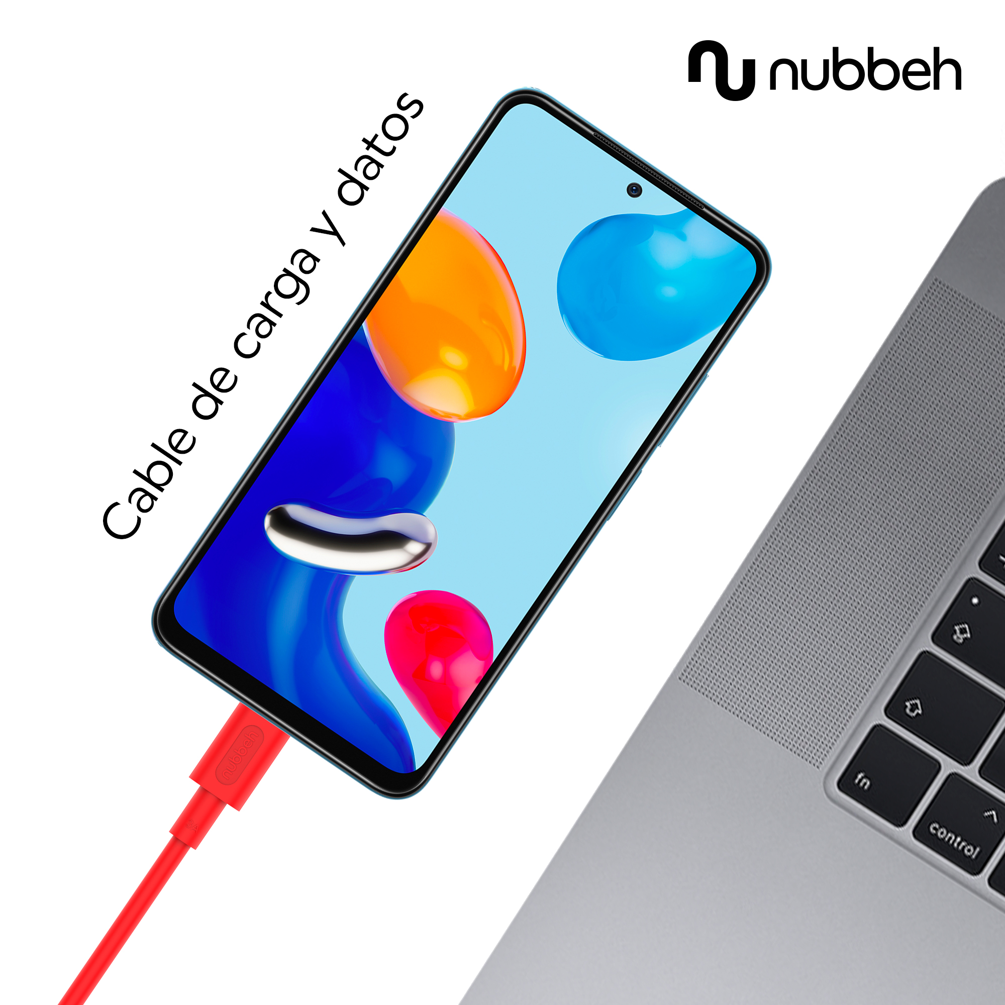 Smartphone conectado a una laptop con un cable de carga rojo.
