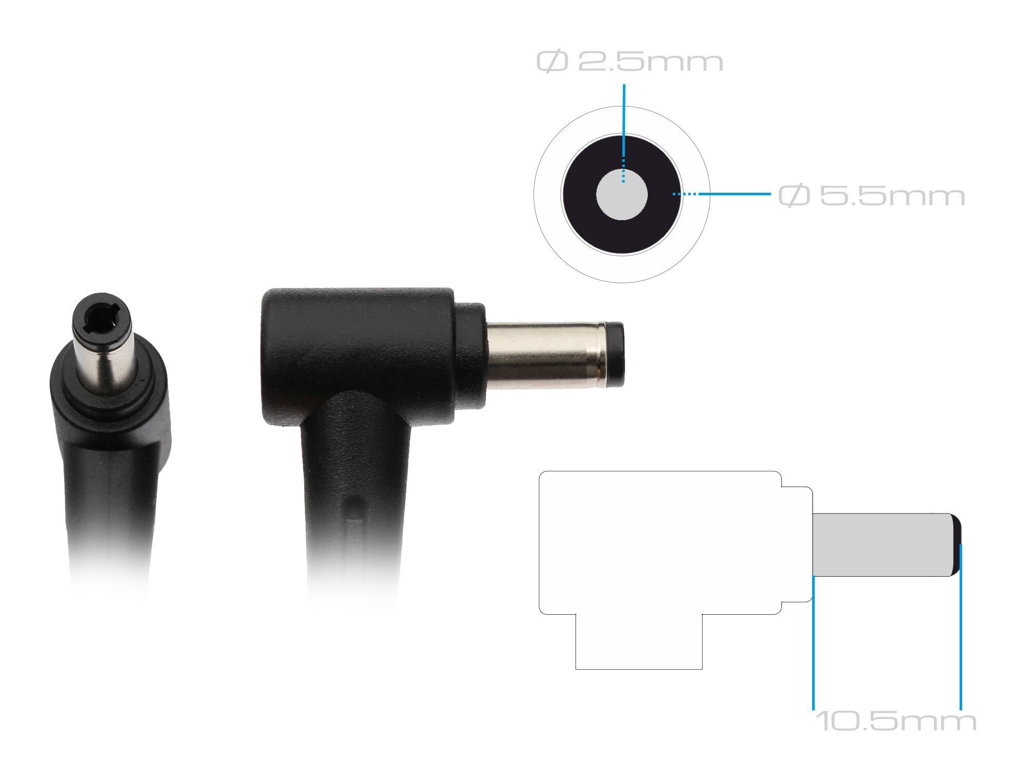 Schwarzer Adapter mit Maßdiagramm, schwarzem und silbernem Stecker und schwarzem Kabel.