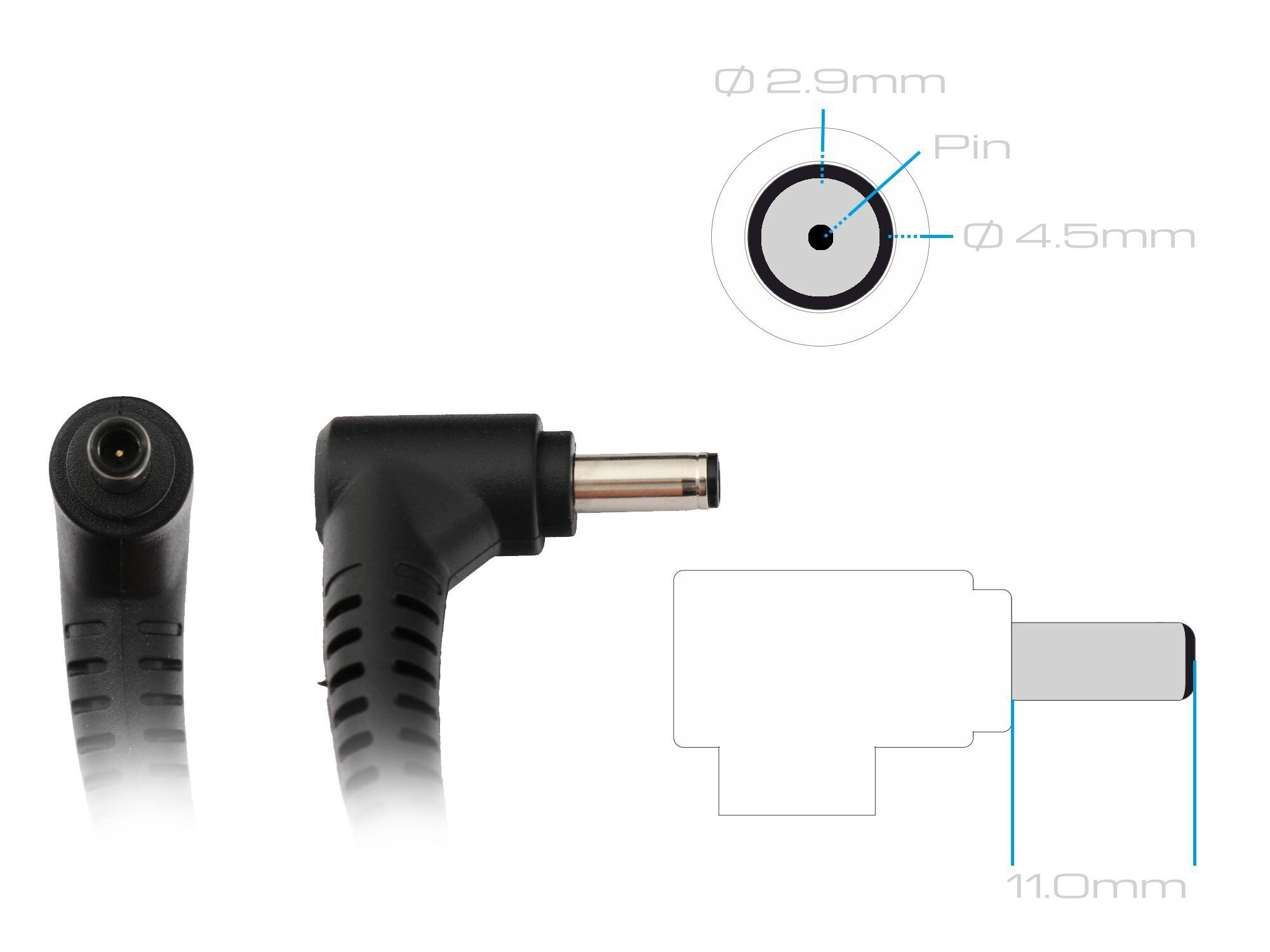Netzteil mit schwarzem Stecker und Diagramm mit Abmessungen.
