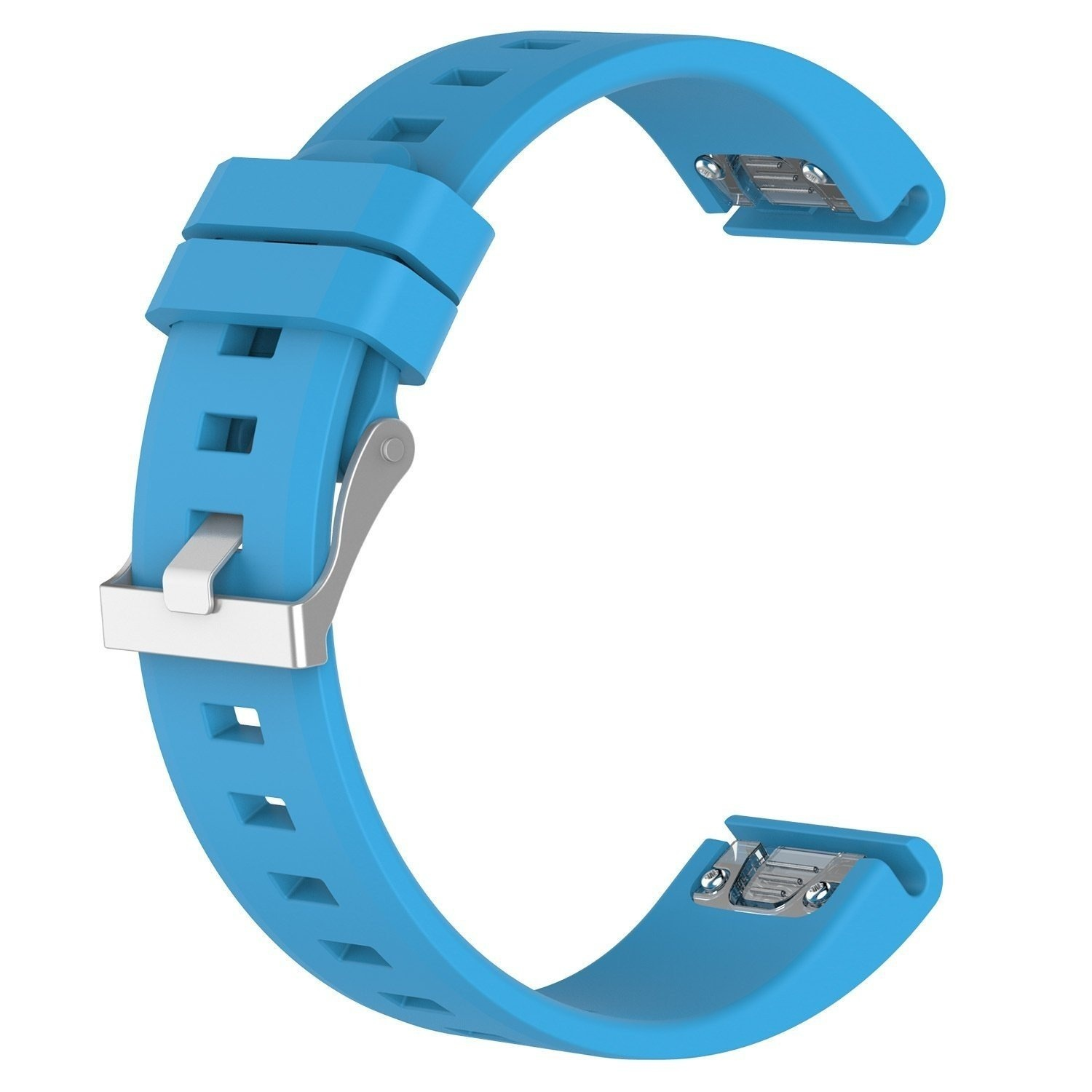 Blaues Uhrenarmband mit silberner Schnalle und Anschlüssen. Es ist gebogen und C-förmig.
