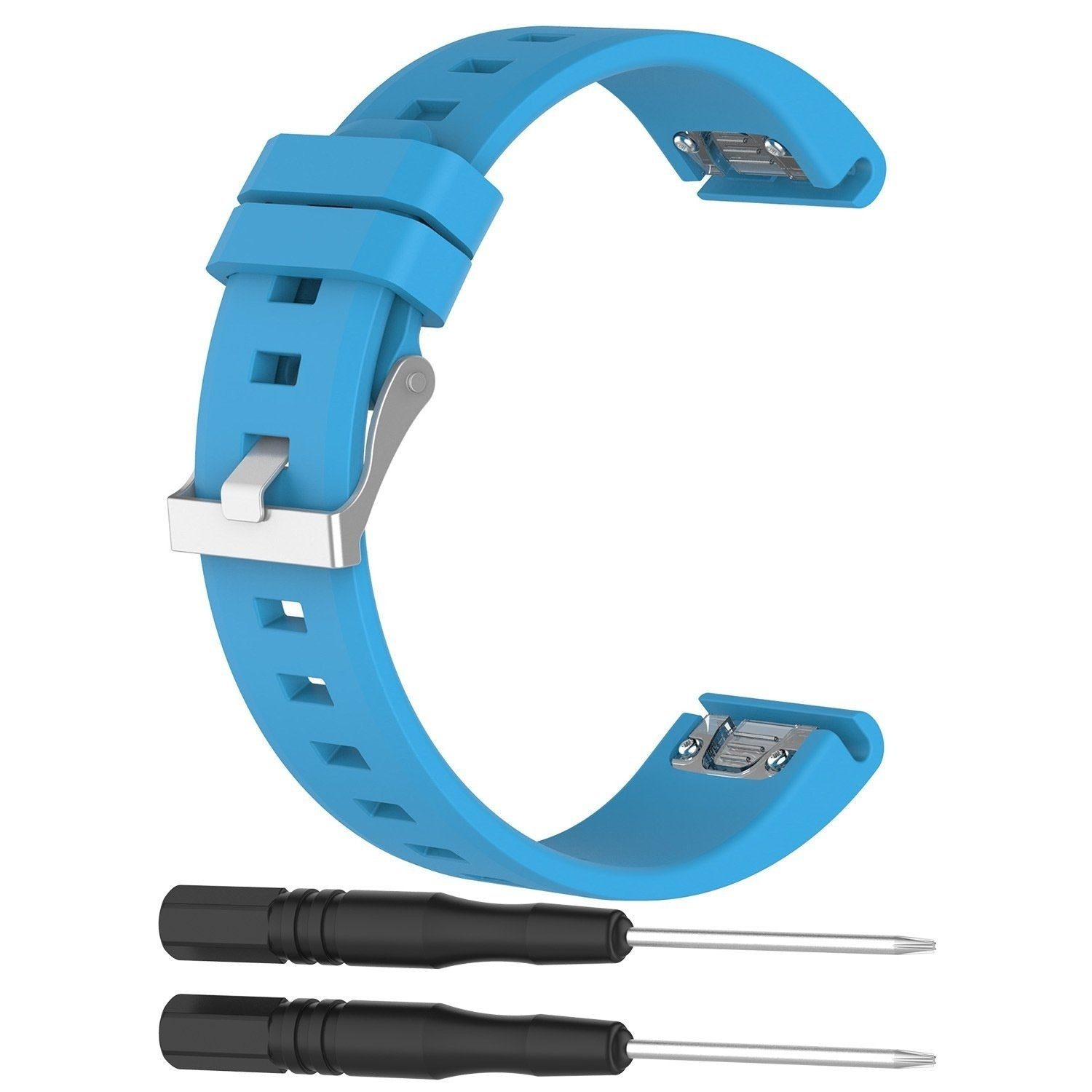 Blaues Uhrenarmband mit silberner Schnalle und zwei kleinen schwarzen Werkzeugen.