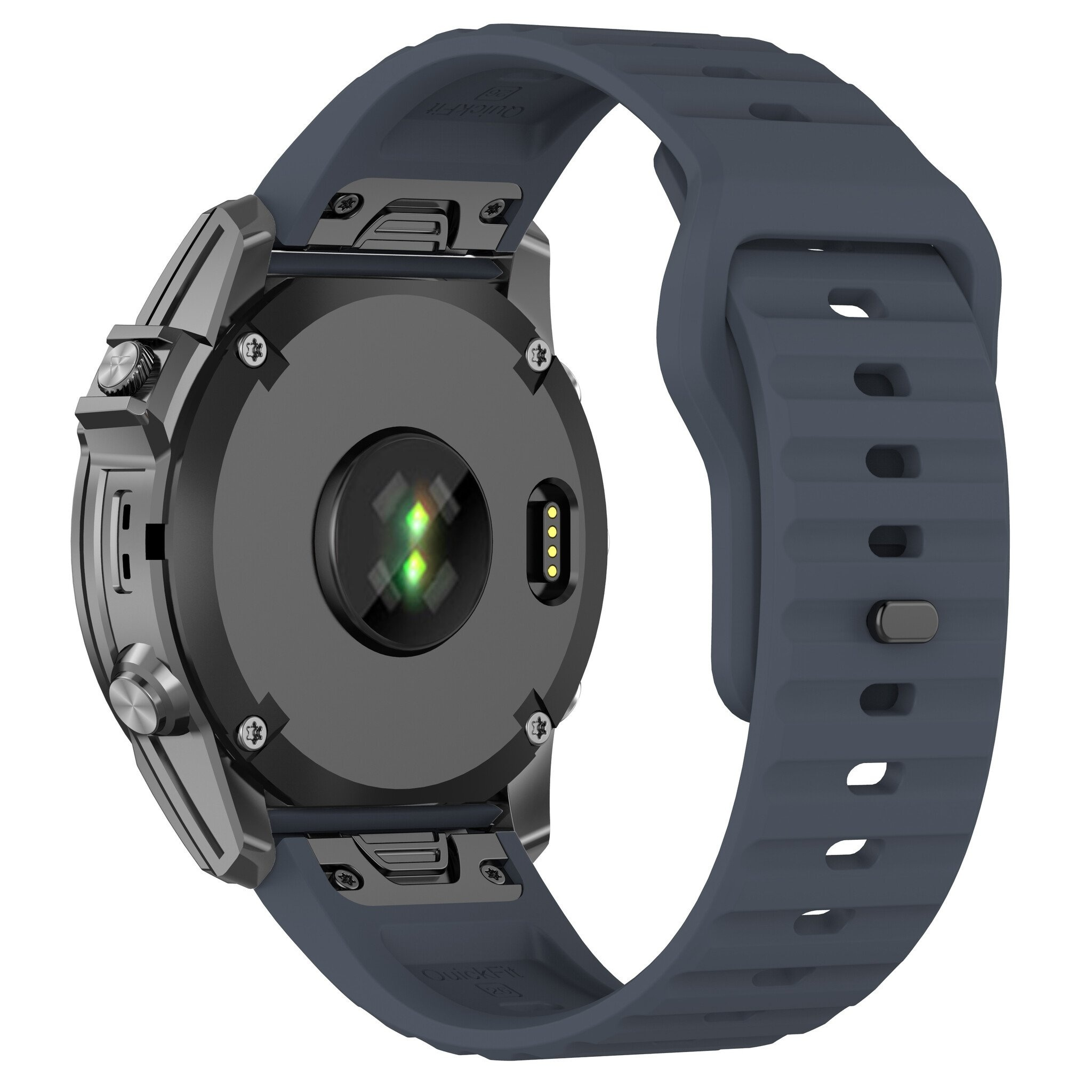 Nahaufnahme der Rückseite einer Smartwatch, die Sensoren und das Armband zeigt.
